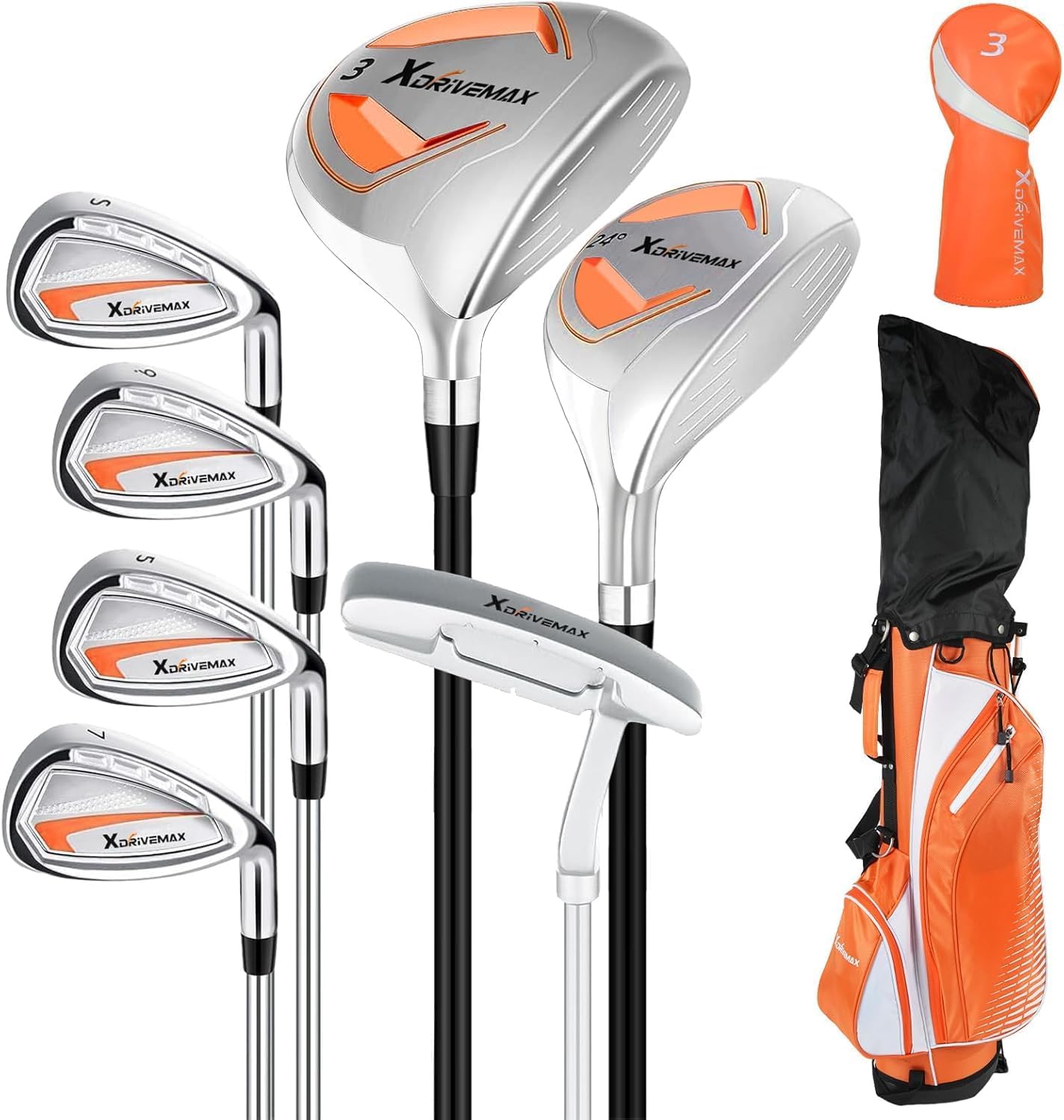 8 Pieces Complete Golf Club Set for Men Left or Right Handed – Mens Golf Clubs Full Set with Fairway Wood, Hybrid, Irons, Putter & Lightweight Bag – Beginner Friendly,Orange,Left