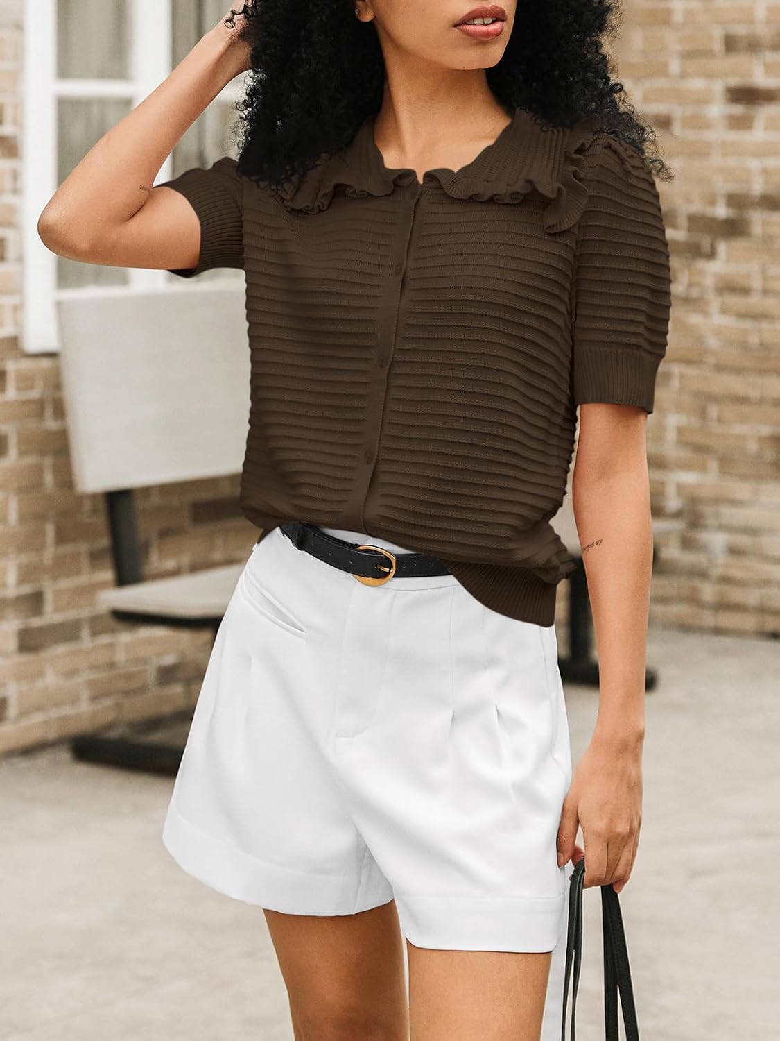 Cicy Bell Womens Ruffle Cardigan Sweater Puff Short Sleeve Button Up Eyelet Tops Ribbed Knit Peter Pan Collar Cardigans