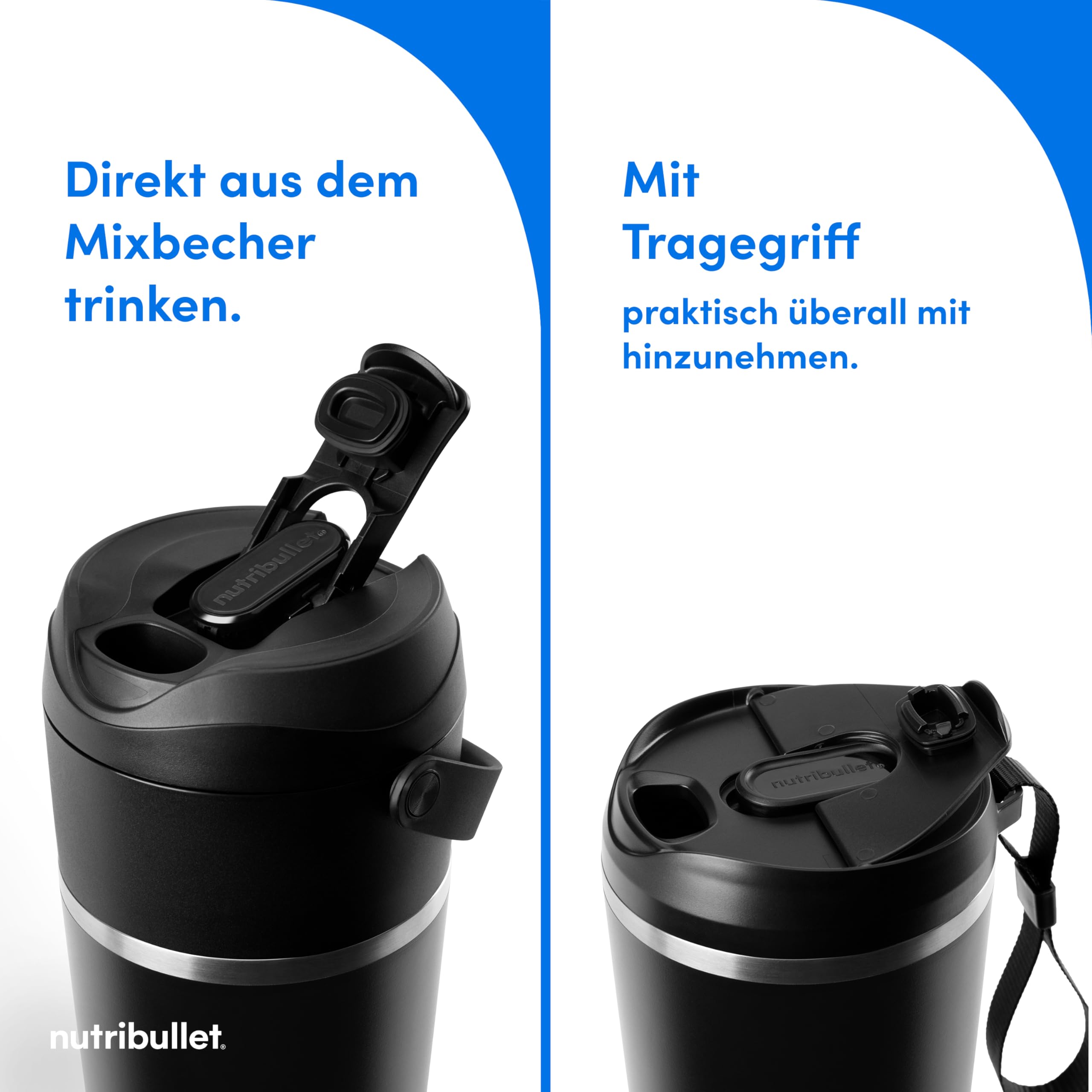 nutribullet Flip, Smoothie Maker to go, 590 ml isolierter Edelstahl Thermobecher, kabellos, wiederaufladbar für 14+ Mixvorgänge, tragbarer 2in1 mini Mixer, zerkleinert Eis & Obst, Schwarz, NBP016B