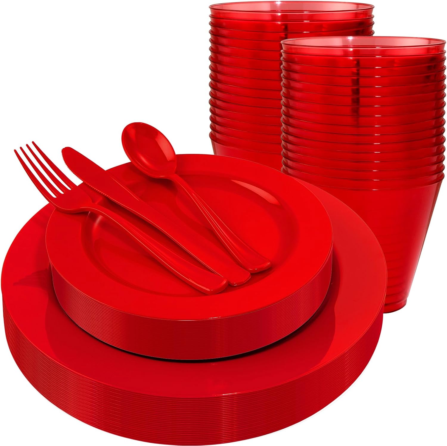 KIRE 150 Pieces Red Plastic Plates Disposable Red Dinnerware Set Include 25Dinner