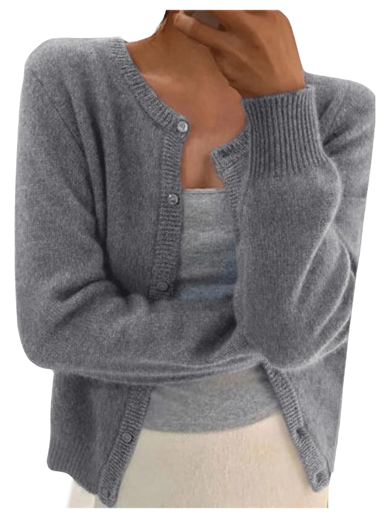 Womens Ribbed Knit Cardigan Long Sleeve Crewneck Button Down Lightweight Cardigan Sweater Trendy