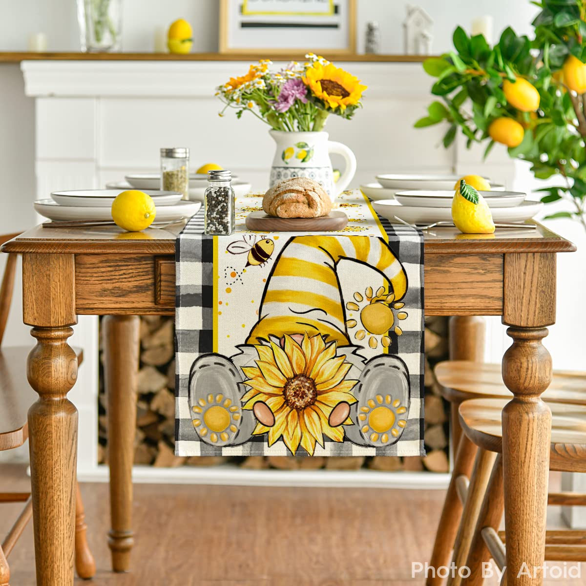 Artoid Mode Buffalo Plaid Sunflower Gnomes Bee Summer Table Runner, Seasonal Kitchen Dining Table Decoration for Home Party Decor 13x72 Inch