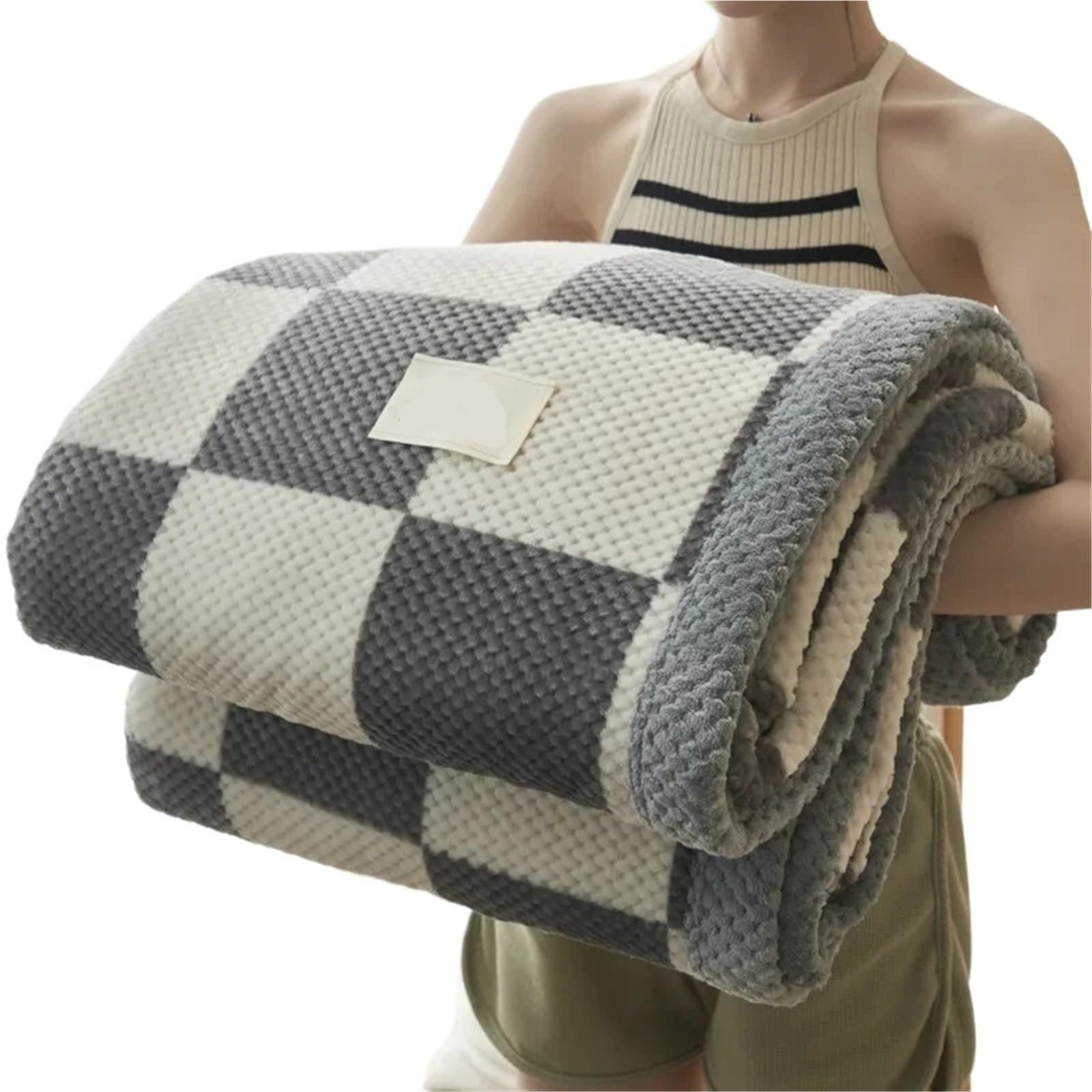 Bedspread Soft Chenille Knitted Blanket Machine Washable for Couch Bed(Gray Big Checkered,120x200cm 0.9kg)