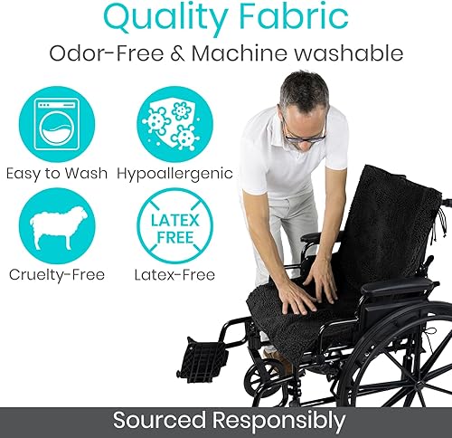 Miniatura 8 de Vive Almohadilla de piel de oveja para silla de ruedas, funda de asiento y respaldo, accesorios para aliviar el dolor de espalda para personas