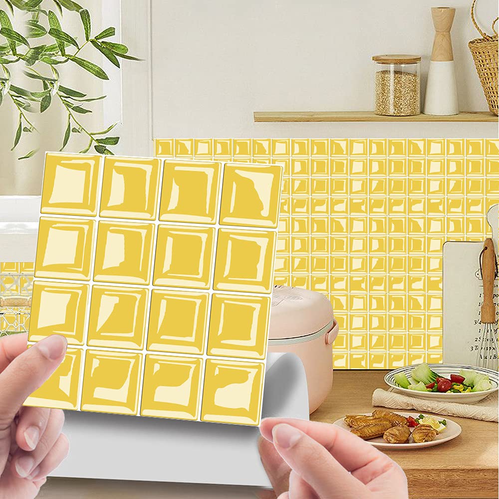 Hiseng 30pcs Wall Tile Stickers, Hiser Square Retro Marble Mosaic Style Waterproof Decals Sticker for Kitchen Living Room Bathroom Home Floor DIY Decor Self-Adhesive (yellow,20x20cm)