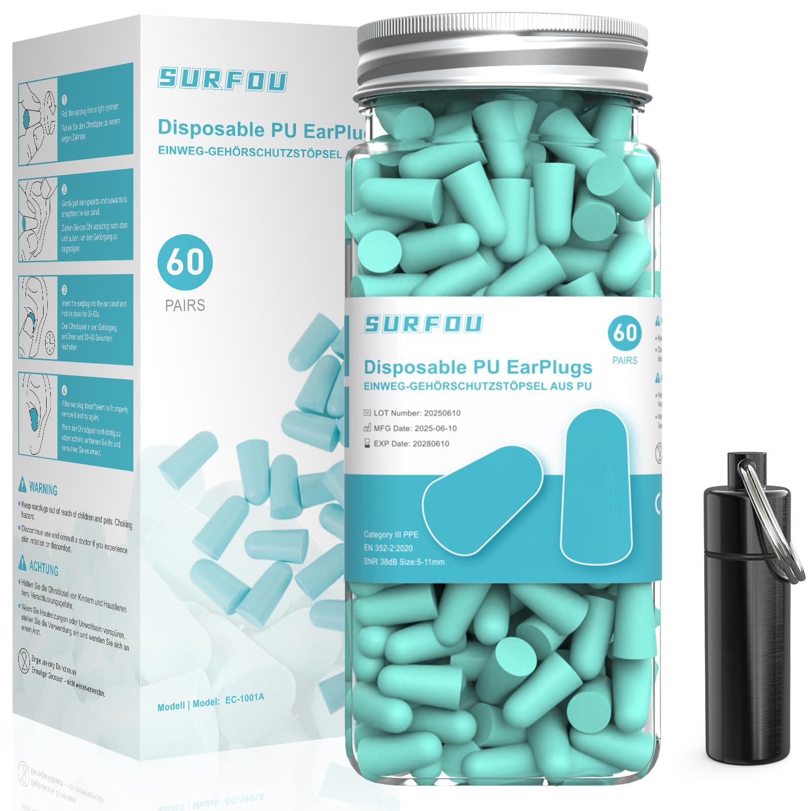 SURFOU Ear Plugs for Sleep 60 Pairs, 38dB Noise Reduction, Reusable, Ultra Soft Foam Earplugs, Comfortable for Side Sleepers, Travel, Concerts, Work & Study, Green