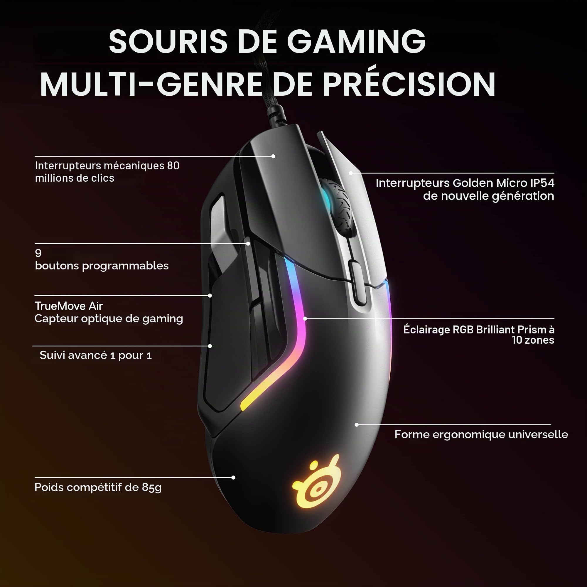 SteelSeries Rival 5 Souris de Gaming avec éclairage RVB PrismSync et 9 Boutons programmables - FPS, MOBA, MMO, Battle Royale - Capteur Optique TrueMove Air 18 000 CPI - Noir