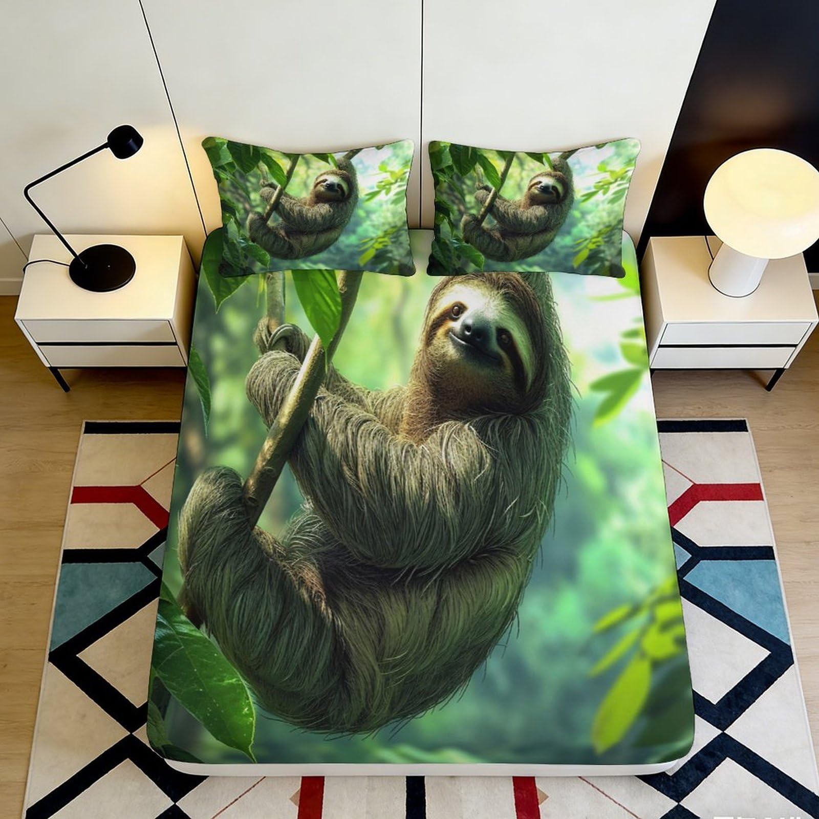 3D Printed Sloth Jungle Fitted Sheet Microfiber Soft Breathable Forest Tree Bed Cover for Bedroom Dorm Decor 90x200x25cm