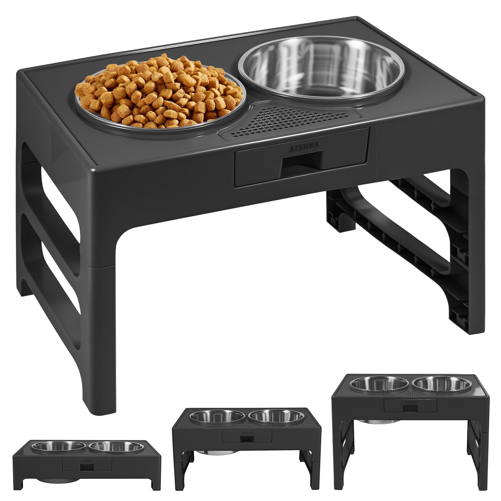 Adjustable Dog Bowls (1.5L＆2.5L) with Anti-Slip Foot in 3 Heights (3.9'',7.8'',11.8'') Raised Feeding Bowls for Small Large Medium Pets Dogs Cats Raised Bowls Elevated Bowl in Black