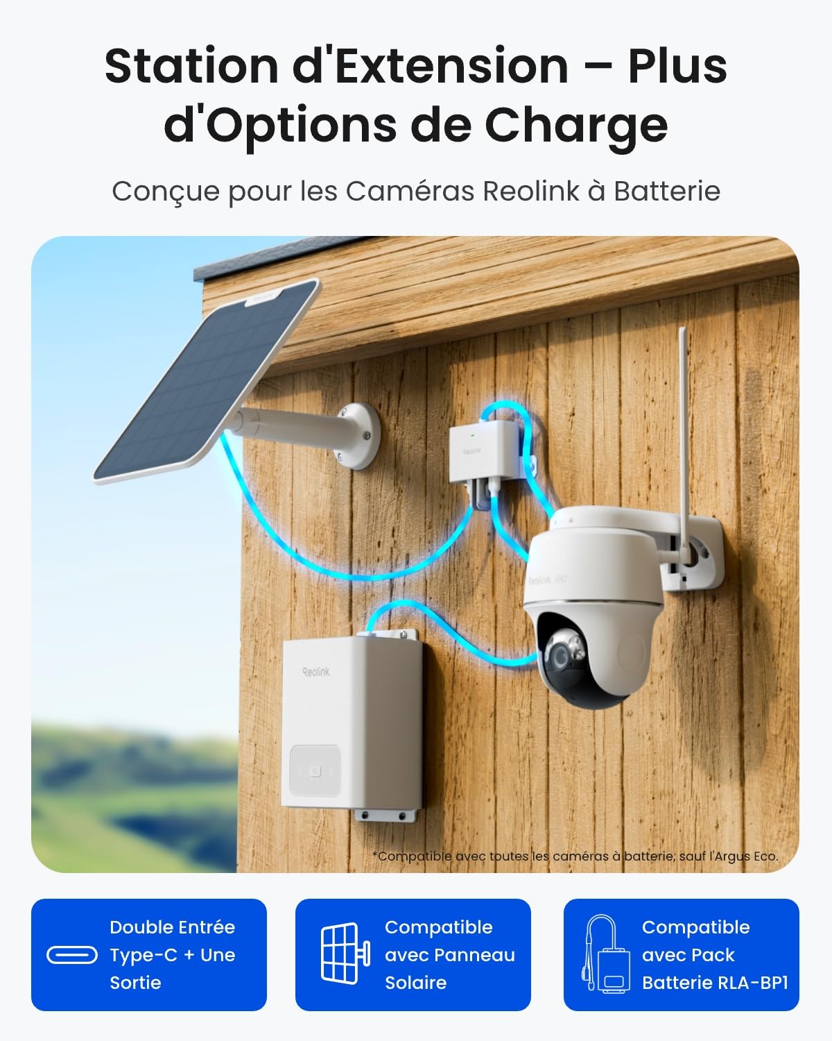 Reolink RLA-CD1 Station d'Extension, Double Alimentation Solaire/Batterie, Compatible avec Caméras à Batterie Reolink, Adaptateur d'alimentation Extérieur