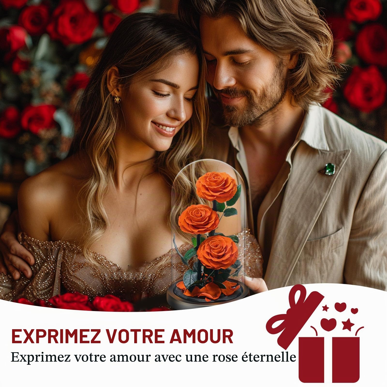 Rose Éternelle sous Cloche, Naturelle Fleur Eternelle Cadeau, Idée Boite Rose Eternel, Cadeau pour la Saint-Valentin, Fête des Mères, Noël, Anniversaire, Femme, Copine, Amie, Maman, Grand Mere