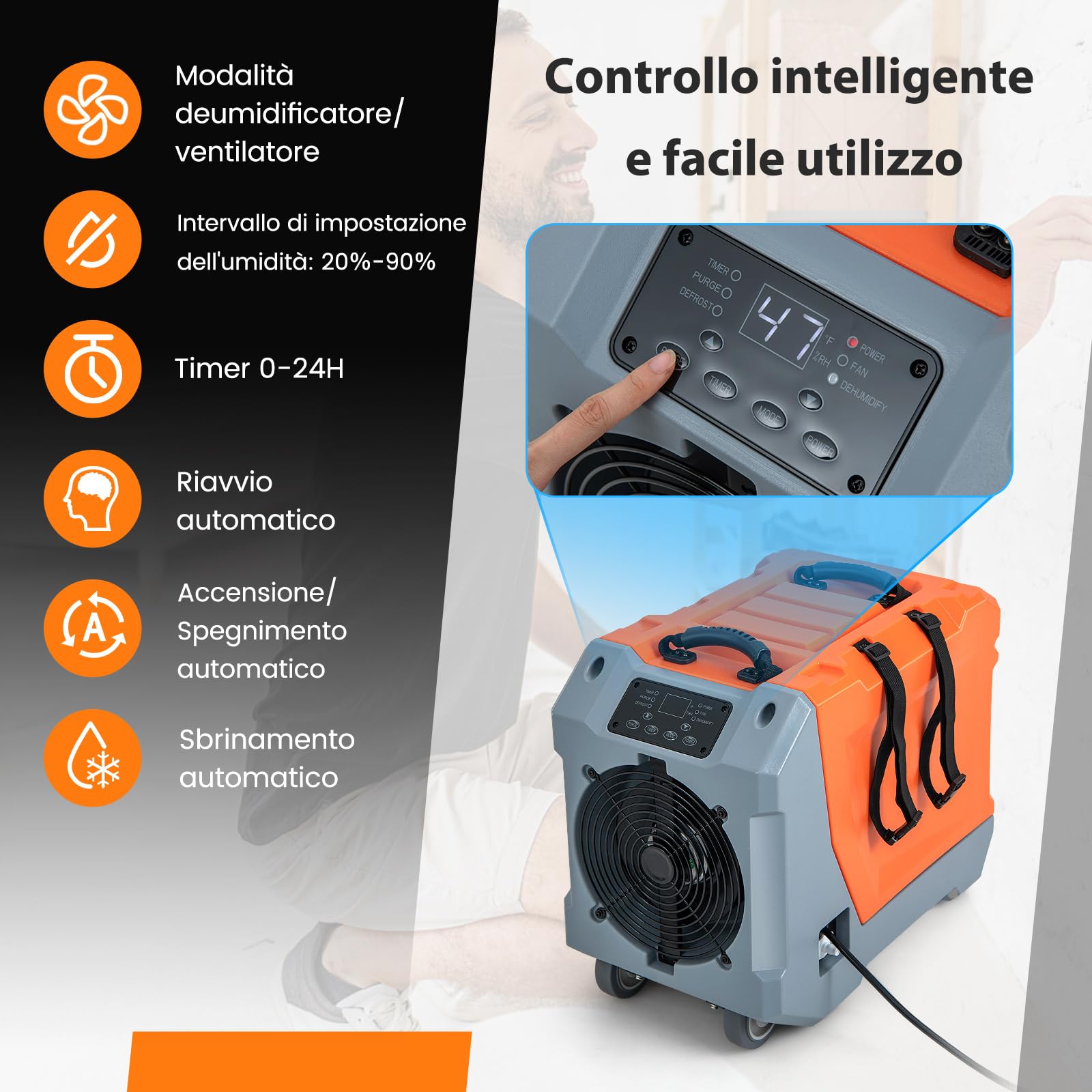 COSTWAY Deumidificatore Commerciale 85 L/Giorno, Deumidificatore con Pompa e Tubo di Scarico, Sbrinamento Automatico, 2 Ruote e Maniglia Pieghevole, Timer 24H, per Cantina Magazzino (Arancione)