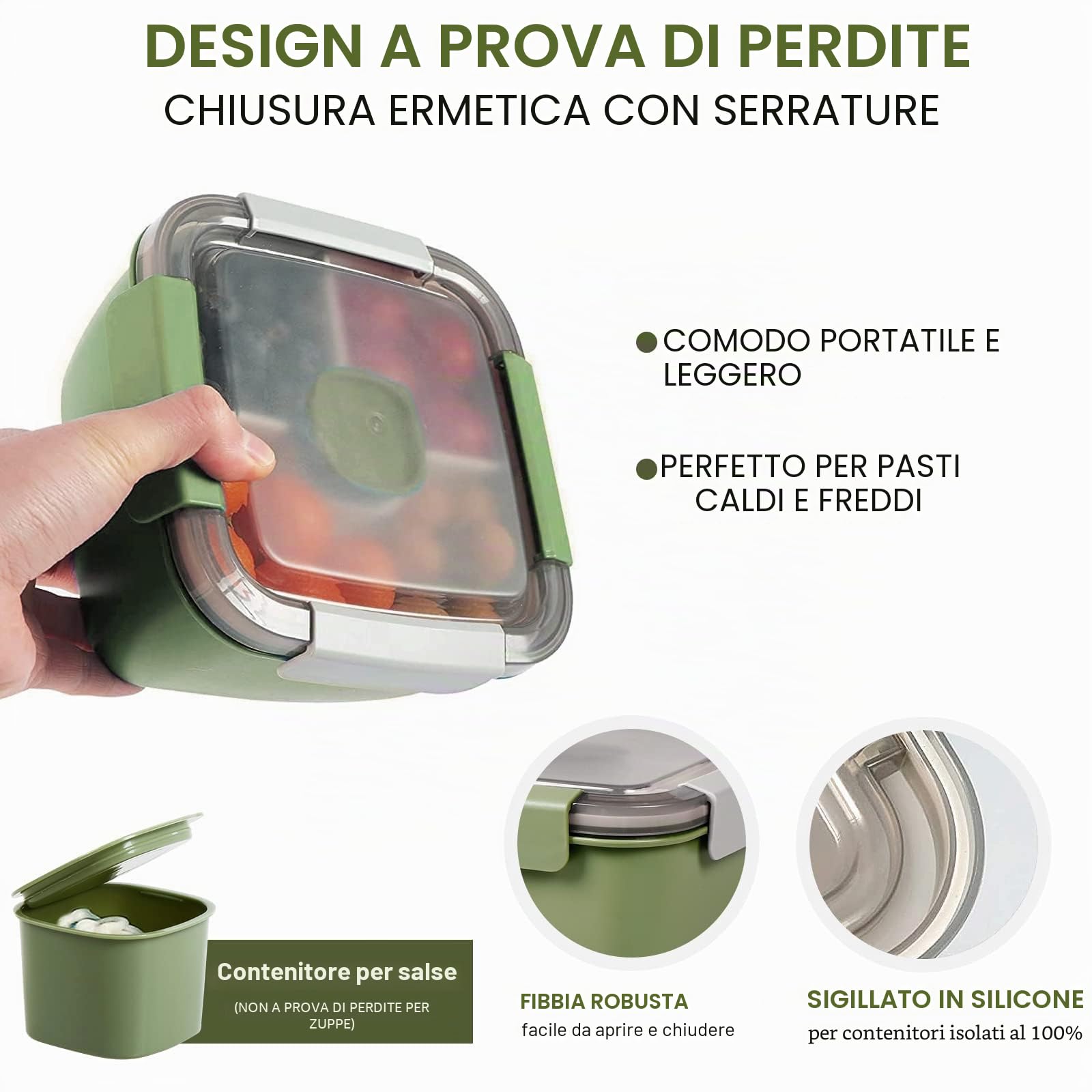 Greentainer Lunchbox Bento Box a prova di perdite con 1 forchetta, contenitore per insalata con contenitore per condimento, 3 scomparti, ideale per scuola, lavoro, picnic, viaggi, campeggio