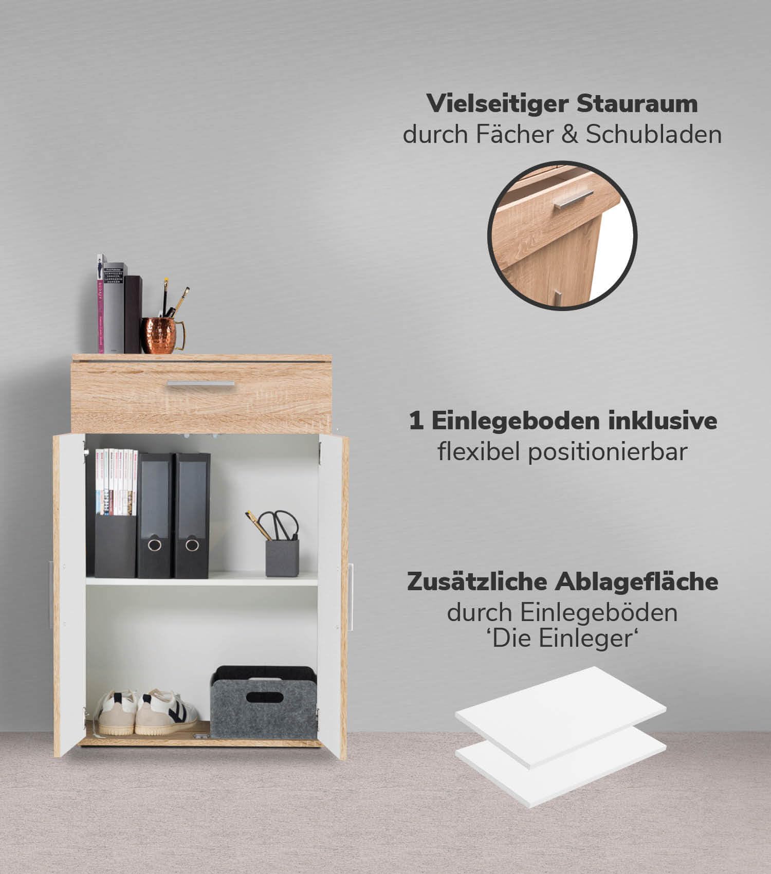 mokebo Mehrzweckschrank Set 2-teilig 'Die Allzweckwaffe', Schrank-Set mit Midischrank & Hochschrank in Sonoma Eiche BZW. Braun, nutzbar als Aktenschränke, Büroschränke oder Allzweckschränke