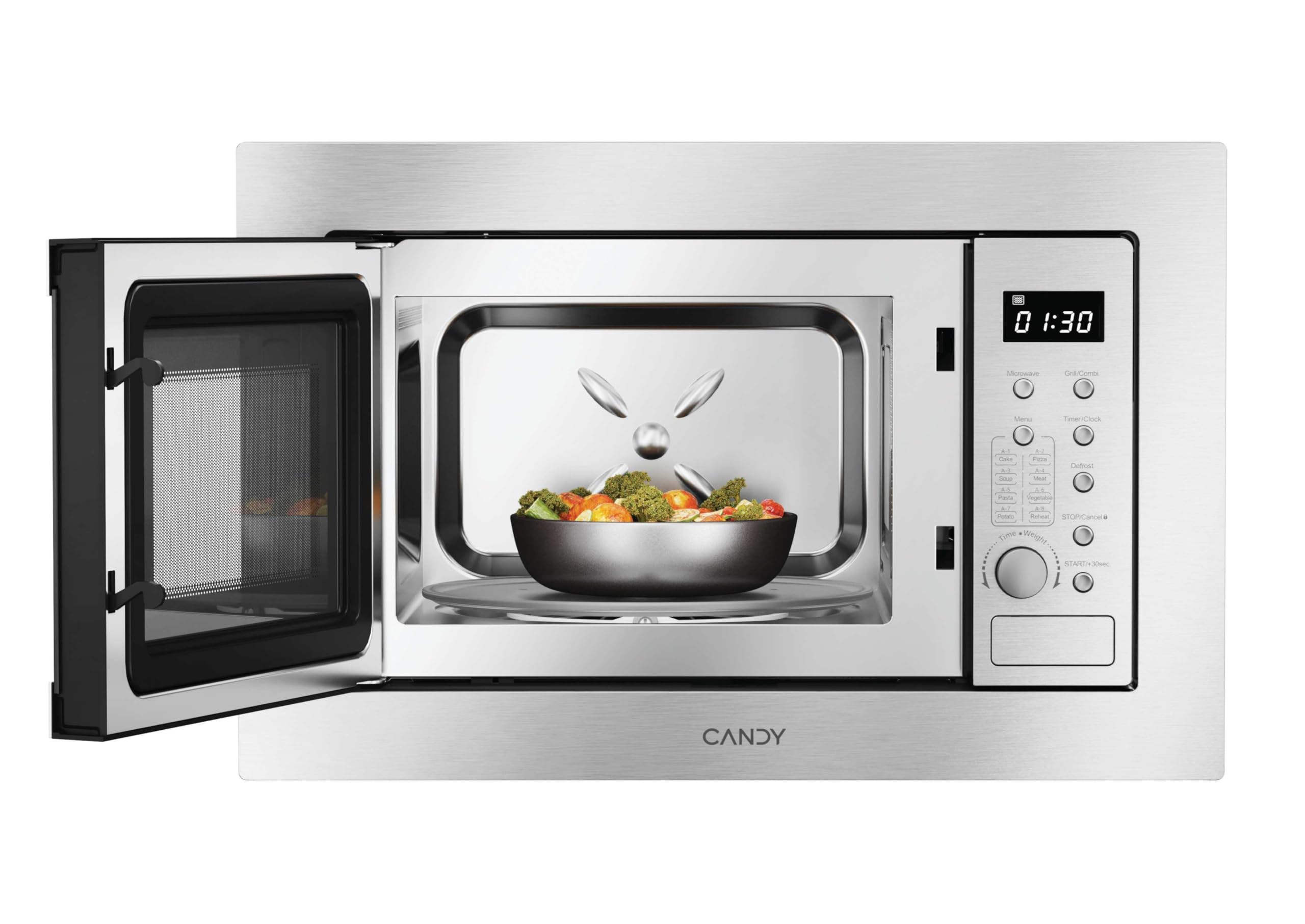 Candy CA38F7N20XXW kuchenka mikrofalowa z grillem, 20 l, 800 W - 1000 W, pokrętło obrotowe i przyciski, 8 automenus, blokada dzieci, płyta 27 cm, wyświetlacz cyfrowy, rozmrażanie, otwarcie z lewej