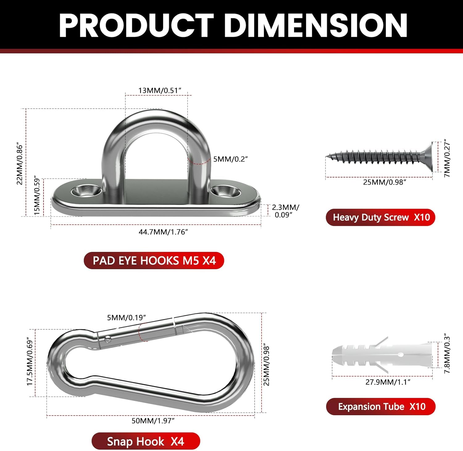 sprookber 304 Stainless Steel Pad Eye Snap Hooks, M5 Heavy Duty Ceiling Hooks, 500 lb Capacity Hammock Swing Hanging kit, Plant Hangers, Marine Hardware Staple Hook Loop with Screws, Set of 8 - Image 4