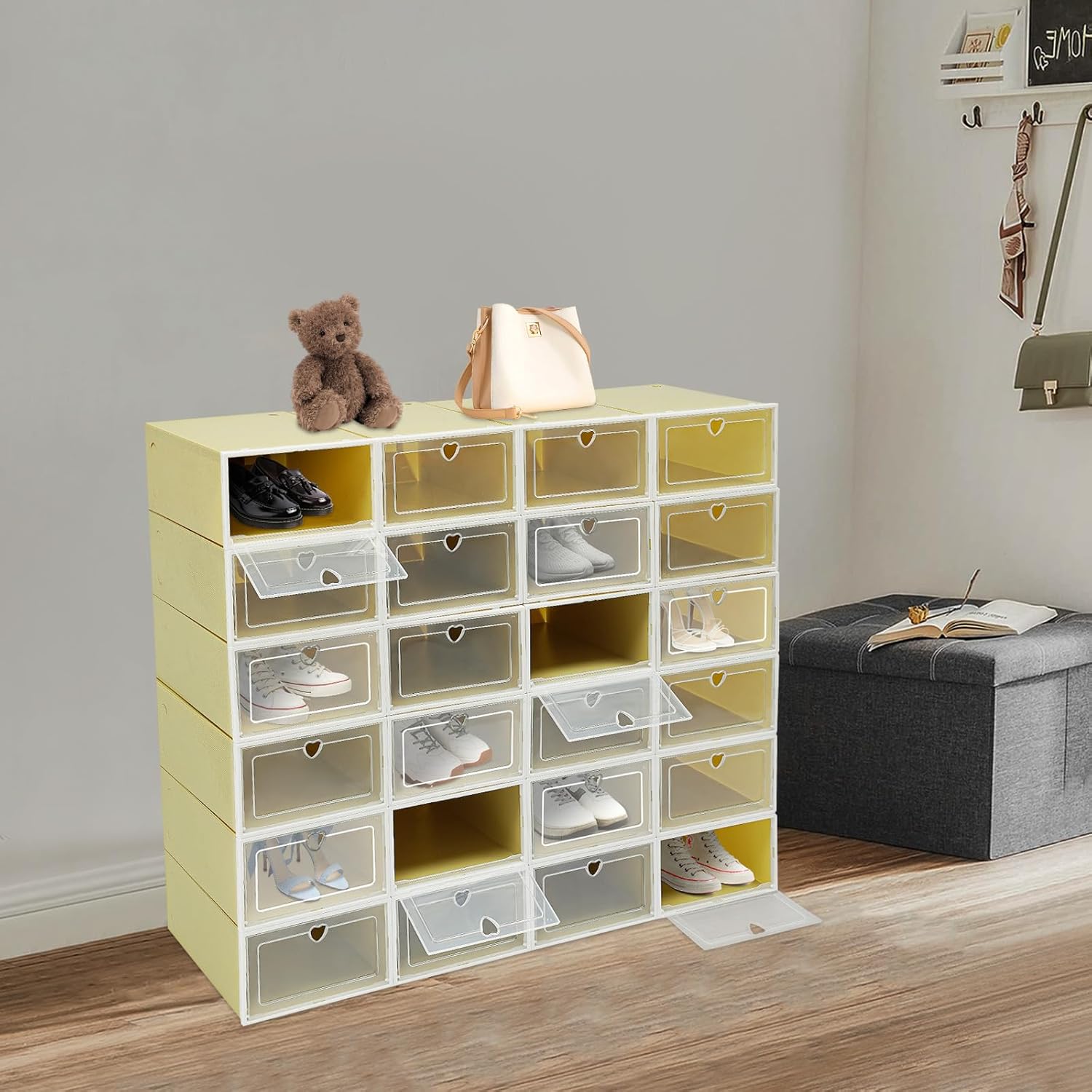 Shoe Storage Boxes Organizers, Clear Plastic Stackable 24 Pack, Shoe Rack & Holder Substitute, Sneaker Containers, Toy Storage Organizer Bins for Entryway, Closet, Under Bed, Avocado Green