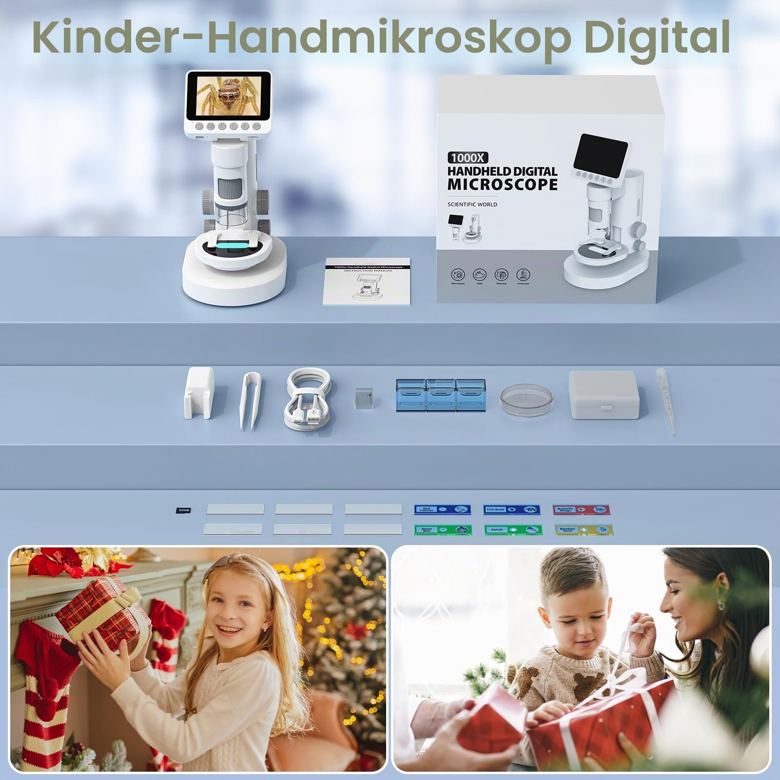 USCAMEL 1000X Digital Mikroskop für Kinder: 4K 3.5" Bildschirm Wiederaufladbar USB Mikroskope Science Kit Lupe für Münzen, Pflanzen, Insekten, Wissenschaft, Lernen für Erwachsene und Kinder