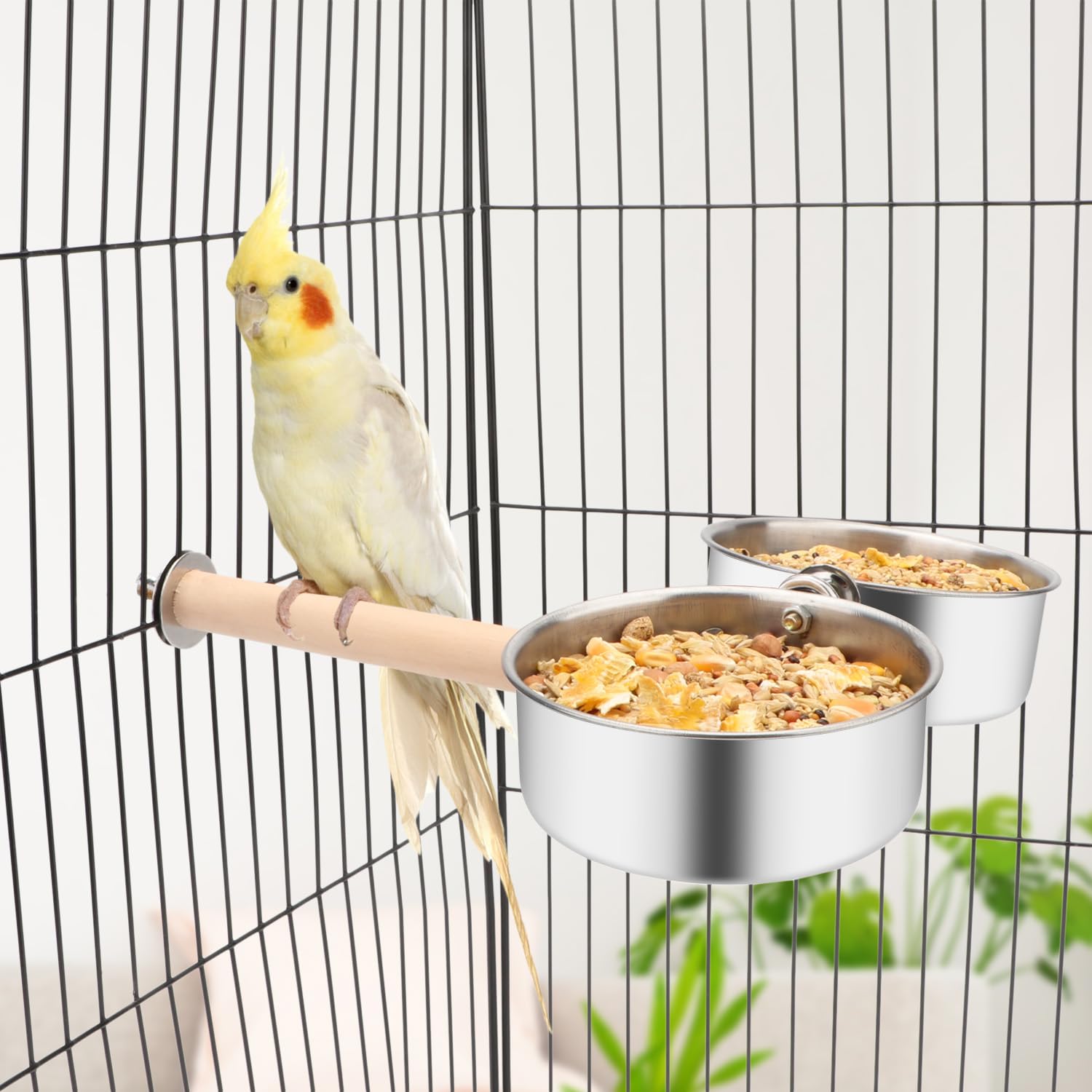 Bird Wood Stand Perch with Food Water Feeding Bowl for Parrot Parakeet Cockatiel Cage Accessories (B: Perch with 2 Feeder Bowls) - image 3