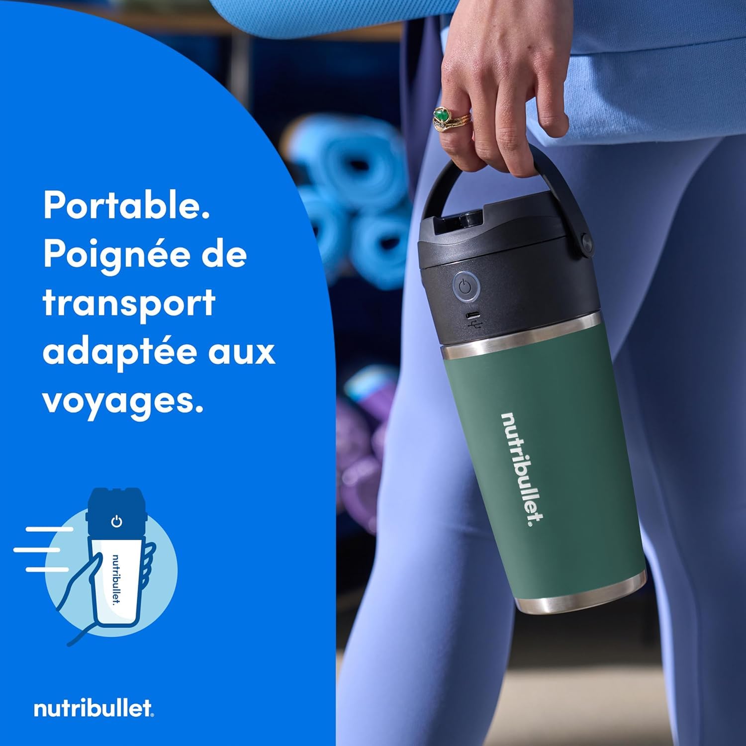 nutribullet Flip NBP016EUC, Blender Portable avec Gobelet Isotherme de 590ml, Conserve le Froid Pendant 24h, Couvercle et Paille Inclus, Chargement USB-C, Acier Inoxydable, Couleur Eucalyptus