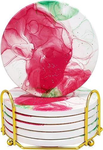 Miniatura 7 de Posavasos para bebidas, posavasos de mármol blanco y redondo absorbentes con soporte, juego de 6 posavasos para protección de mesa de café