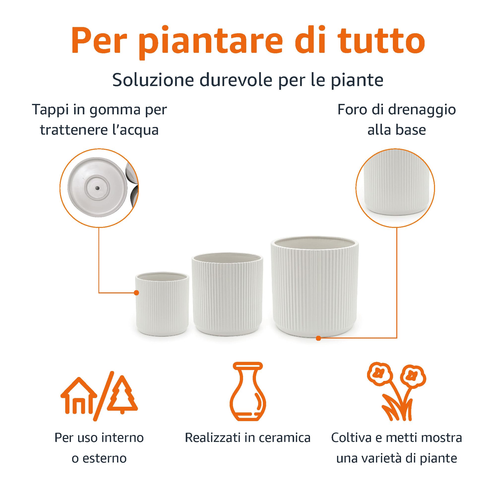 Amazon Basics Vasi in ceramica scanalati Rotondo di dimensioni assortite, , set da 3, bianco, 15.2 cm, 20.3 cm, 25.4 cm