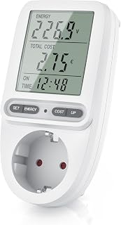 CSL – Energiekostenmessgerät Stromkostenmessgerät Stromverbrauchszähler – 3 Zoll großes Display – max. 3680 Watt – 4 Tasten – inkl. Backup-Batterie - Strommesser/Stromzähler für Steckdose