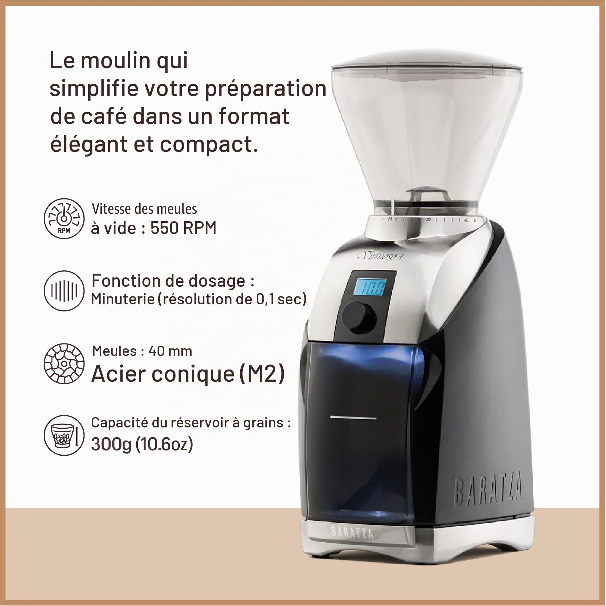 Baratza | Moulin à café électronique - Virtuoso+ | Couleur/Finition : Argent/Noir