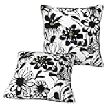 Longzehao Set of 2 Black and White Flowers Print Decor Throw Pillow Covers Square Sofa Cushion Cases for Couch Bed Car.