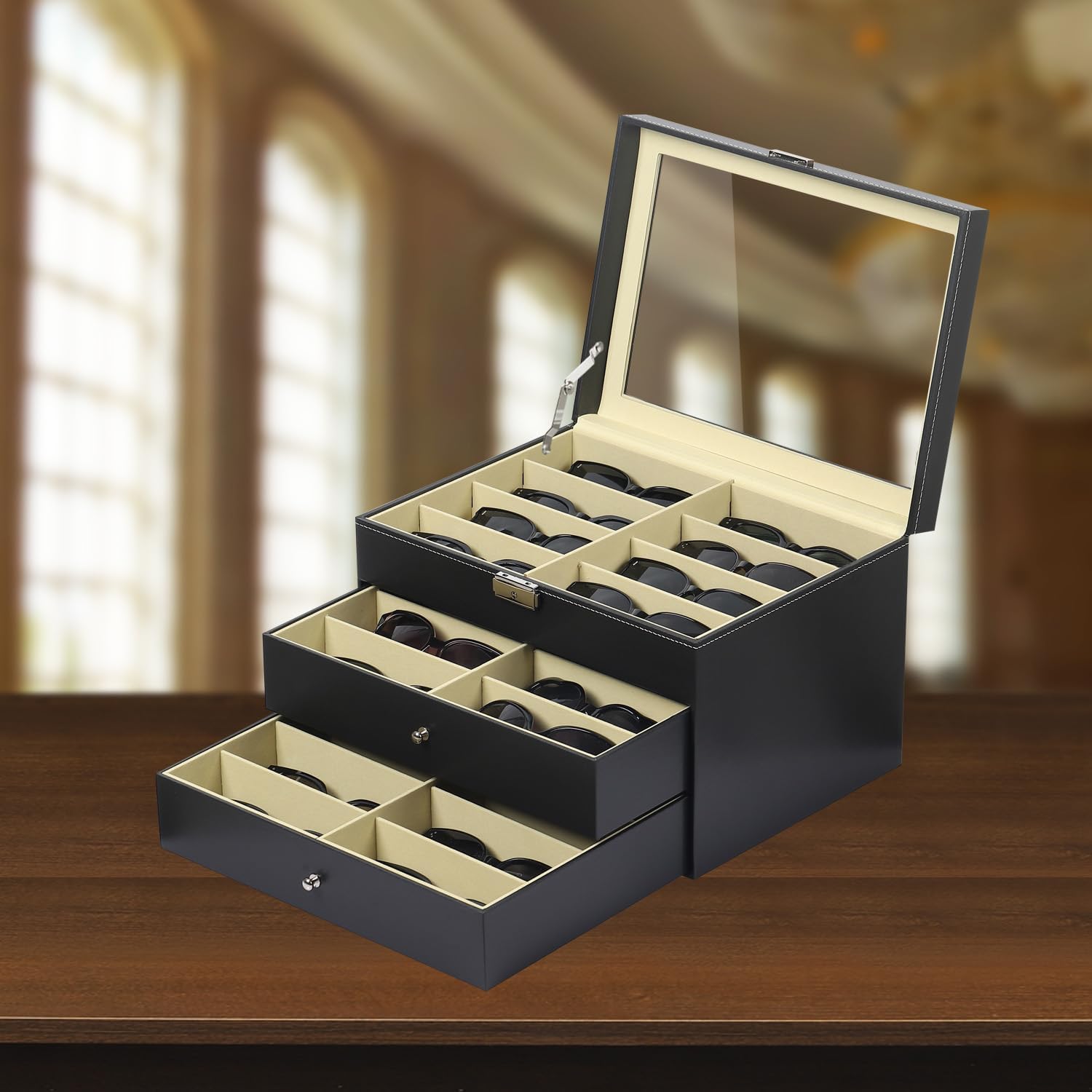 AUTOARK Leather 24 Piece Eyeglasses Storage and Sunglass Glasses Display Drawer Lockable Case Organizer,Black,AW-095