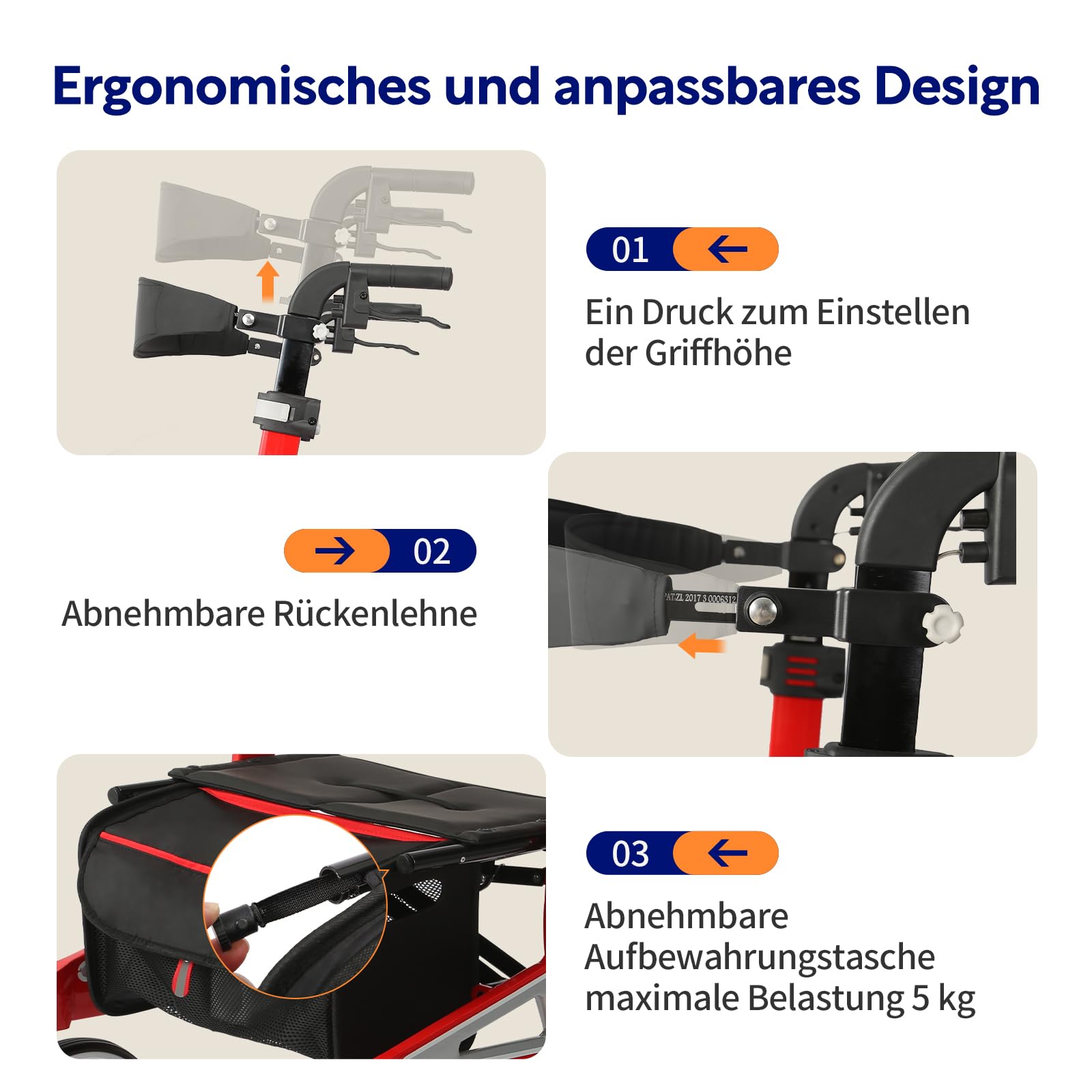 VOCIC Z71 Rollator faltbar leicht mit Sitz, Wasserdicht Aluminium Walker | Leicht klappbar für Senioren, Rollatoren leichtgewicht und faltbar spezial, Pannensichere All-Terrain-PU-Reifen, Rot