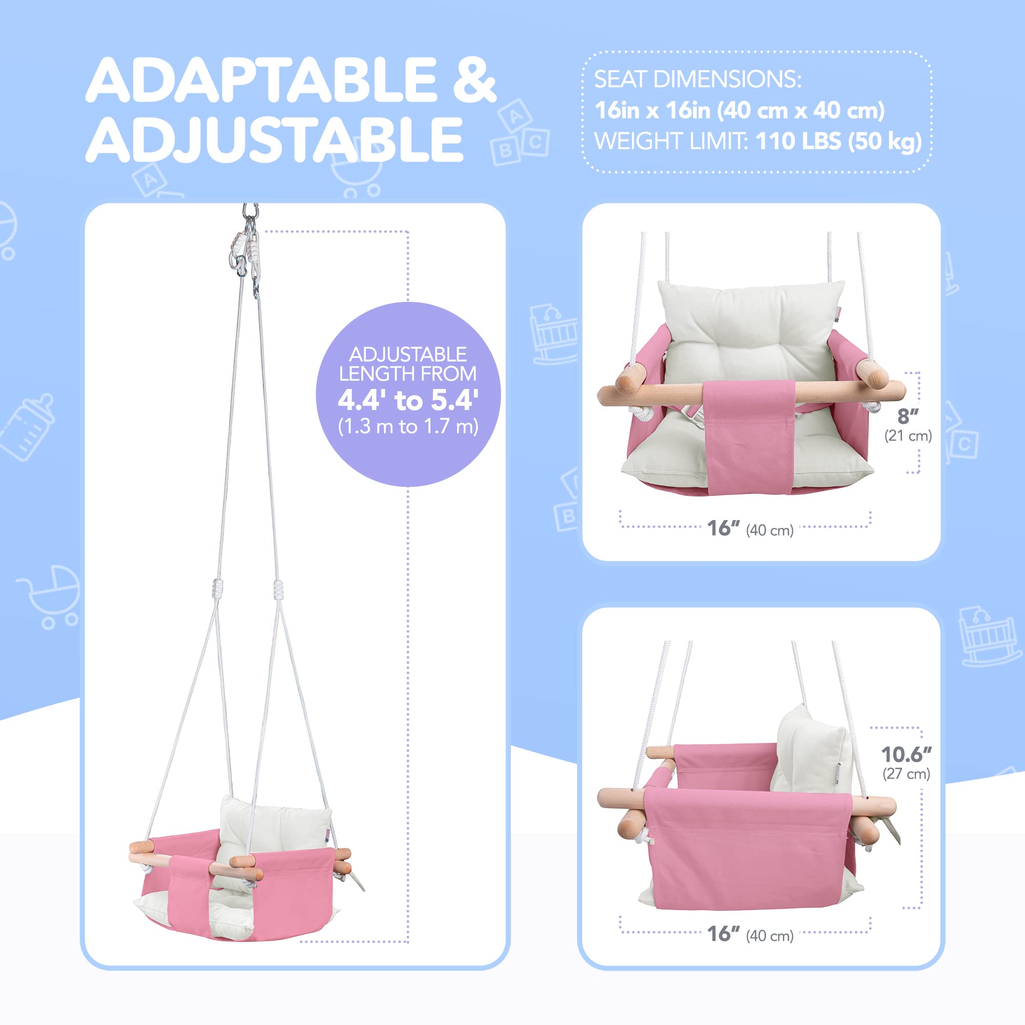 CaTeam - Altalena per Bambini in Tela, Sedia Altalena Sospesa in Legno con Cintura di Sicurezza, Sedia per Amaca Resistente, Altalena per Esterni e Interni per Bambini, Rosa