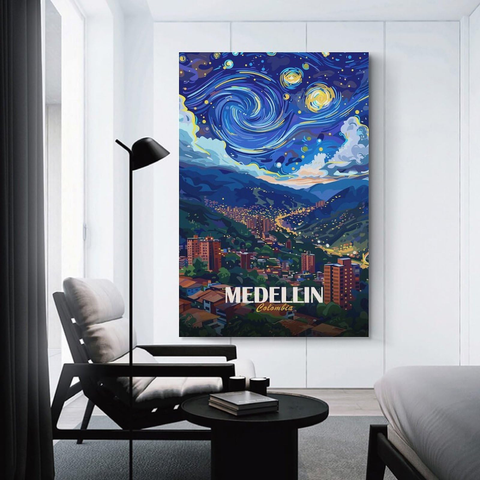 Junmoney Decorative Canvas Print Medellin Colombia Starry Night Art, 20x30inch(50x75cm), for Study, Office Or Apartment Decor, Gift Idea for Housewarming And Birthdays