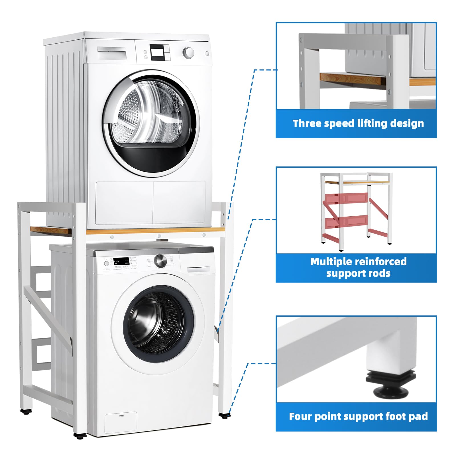 Vinteky Regal über Waschmaschine, Höhenverstellbarer Wäschetrocknerständer, Lagerregal über der Waschmaschine, Tragfähigkeit 300 kg, für Waschmaschine und Trockner, 73*63*106cm, Weiß