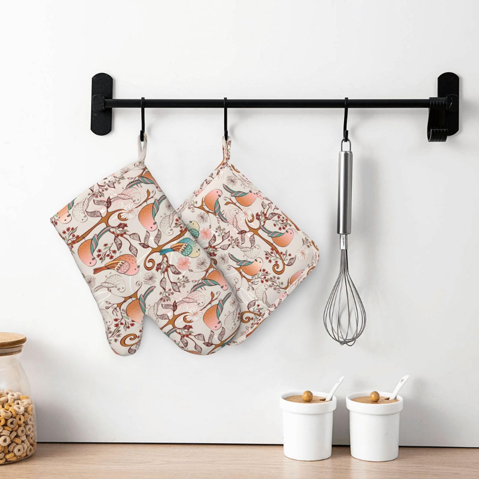 Lot de 4 maniques et grilles de cuisson colorées avec branches