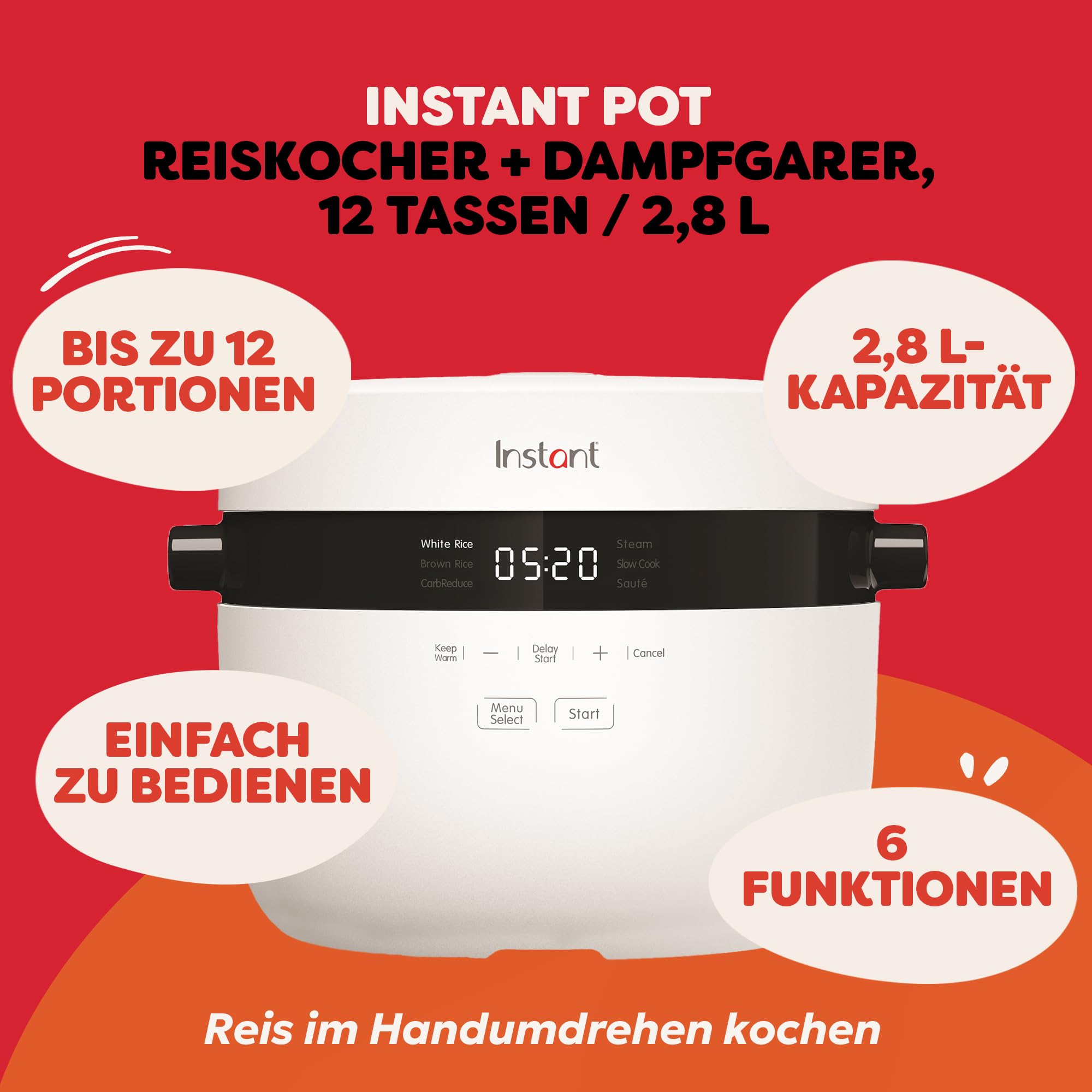 Instant Pot Reiskocher & Dampfgarer, 2,8 L (12 Tassen) – Antihaft-Kochtopf, spülmaschinenfest, Dämpfeinsatz aus Edelstahl, Messbecher, Reislöffel – mit Schongarer- und Sauté-Funktion