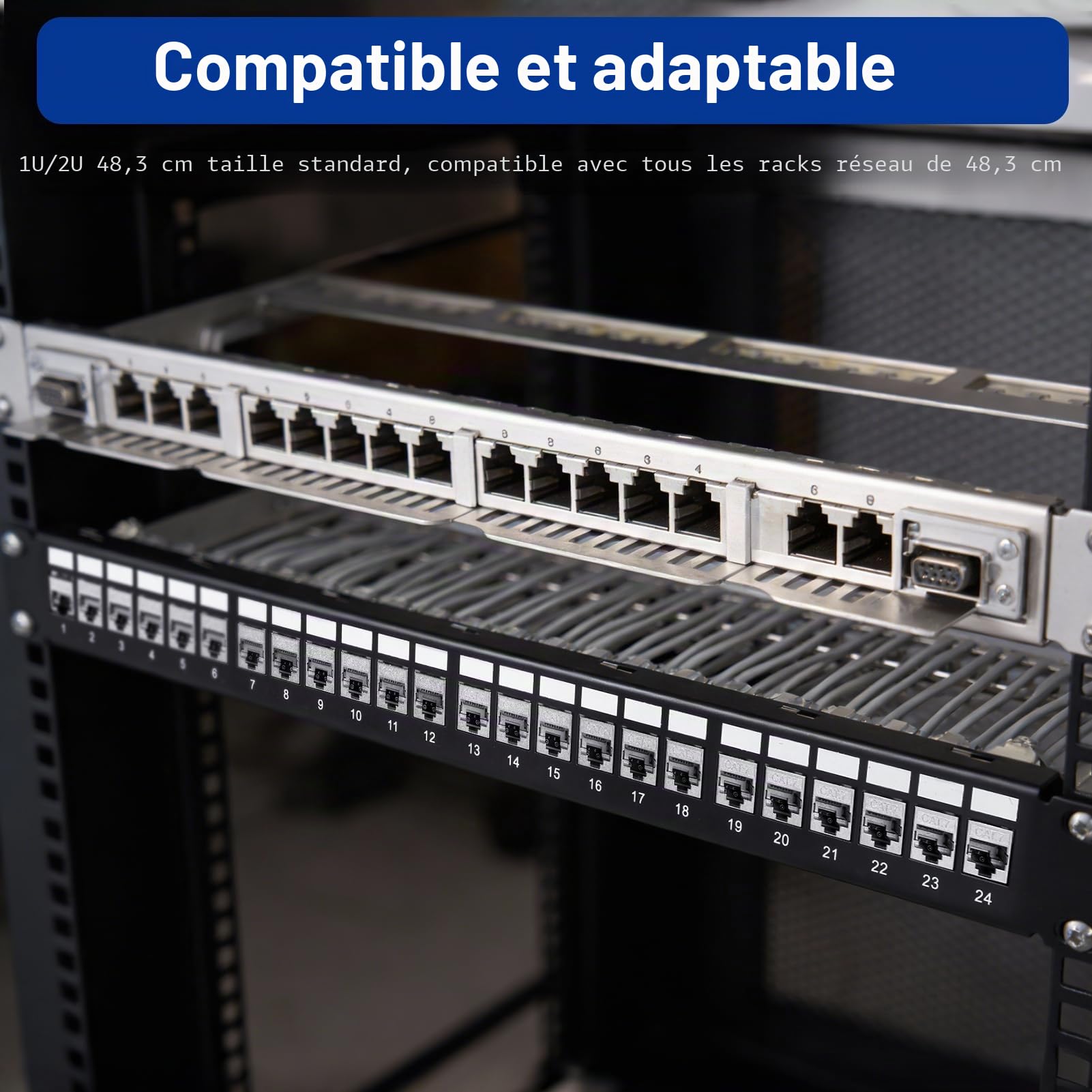 24 Ports CAT7 Panneau de Brassage, Supportant 10 Gbits/600MHz, 19" Panneau de Brassage Keystone Blindé avec Protection EMI/RFI pour Les Maison Les Base Donnée Les Bureaux Les Centres Donnée