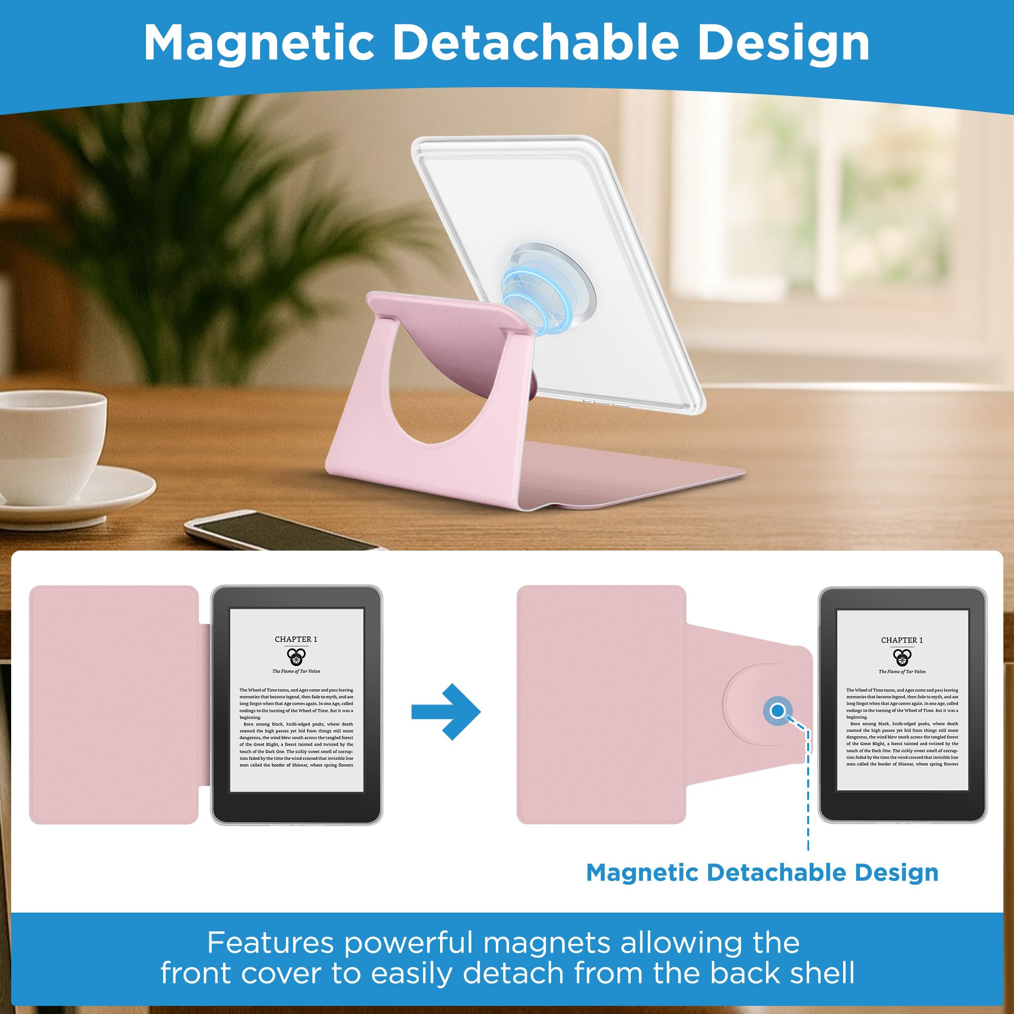 Custodia magnetica staccabile 2 in 1 per Kindle Paperwhite 12a generazione 2024 e Kindle Colorsoft Signature Edition, custodia sottile in PU con accensione e spegnimento automatico, rosa