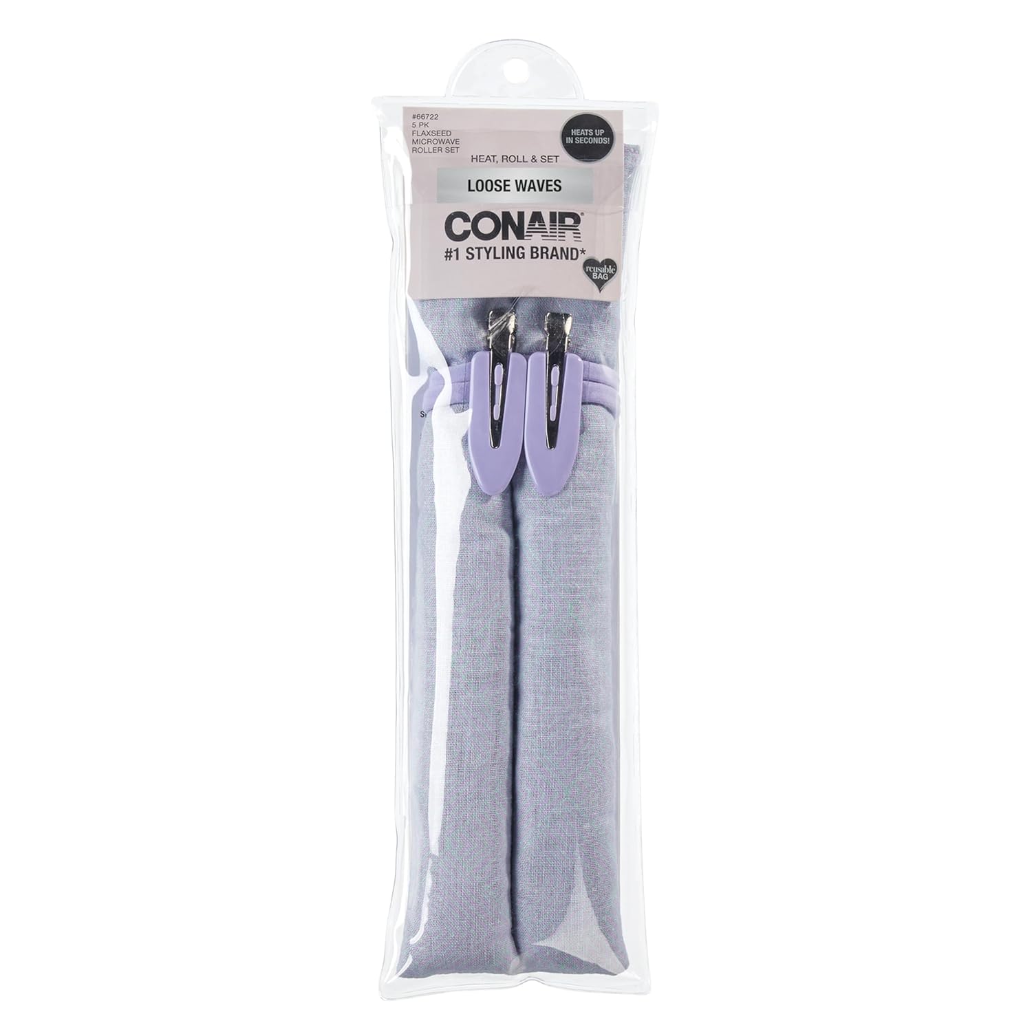 Conair Extra-Long Flaxseed Microwave Hair Rollers for Women - 5-Piece Set for Quick Curls, Waves & Volume with Reusable Bag