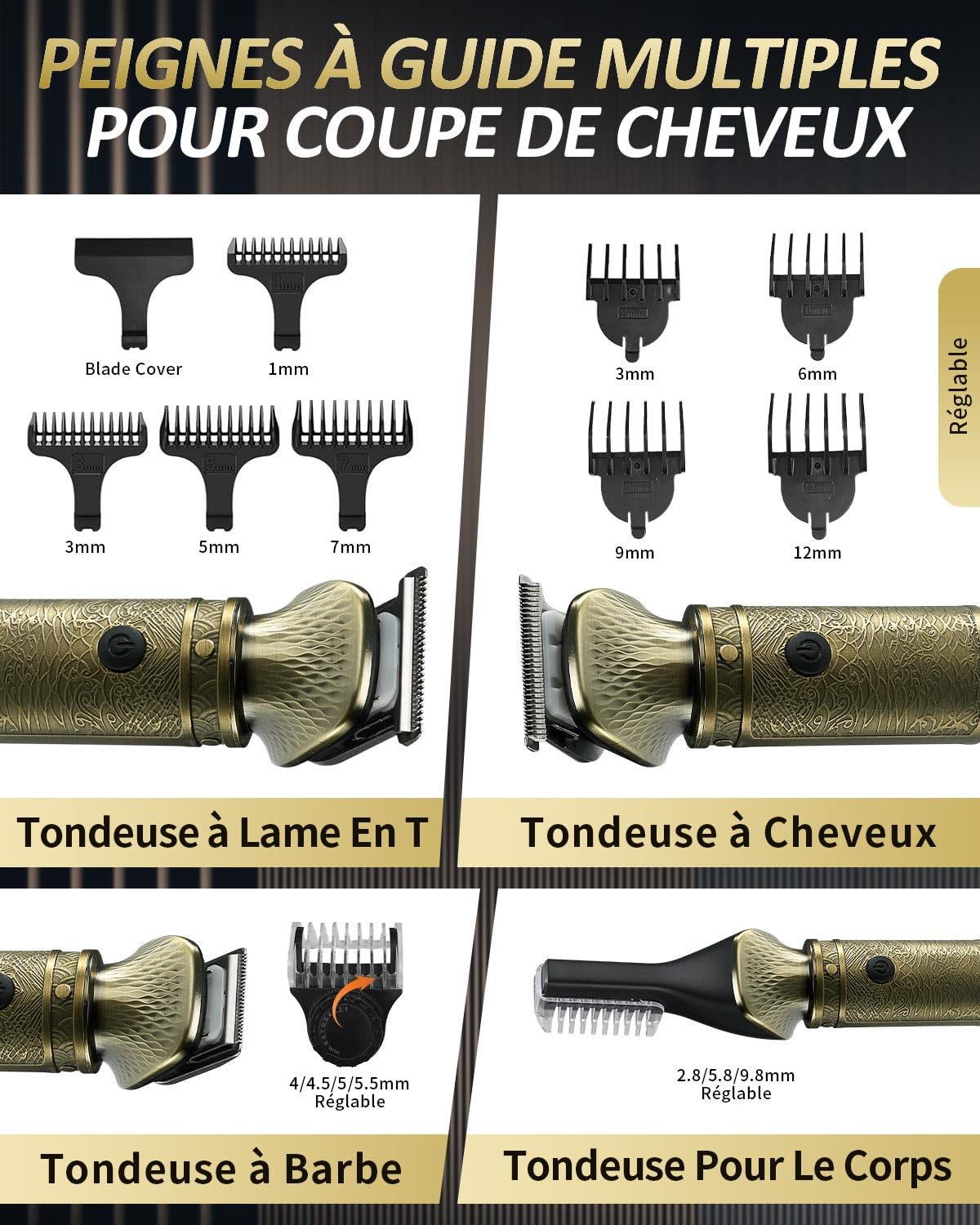 7 en 1 Tondeuse Barbe Homme Tondeuse Cheveux Professionnel, Lame en T Rasoir Électrique Kit avec Écran LED, USB C Rechargeable, Technologie Silencieuse, Etanche Tondeuse Corps Homme pour Cadeau/Salon