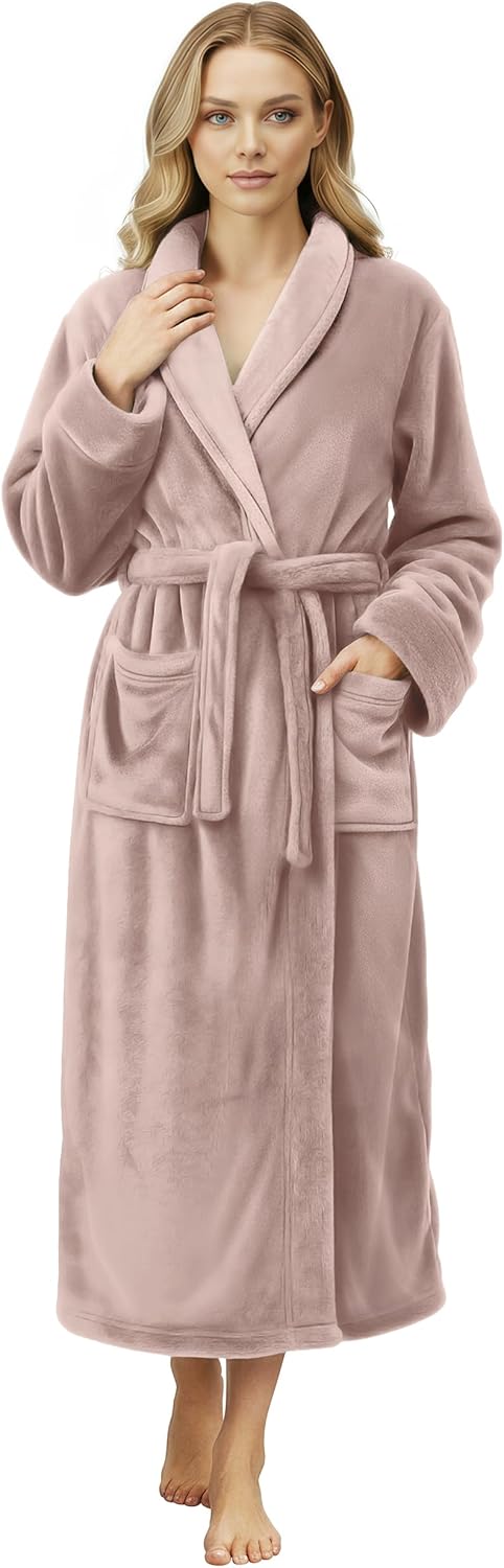 NY Threads Women's Fleece Shawl Collar Bathrobe Plush Long Spa Robe, Medium