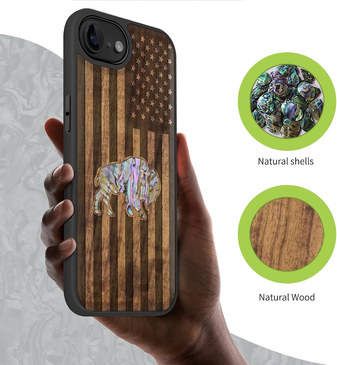Carveit Magnetic Wooden Case for iPhone 16e / 17e, Wood Artisan Engraved & Handmade Shell Inlaid, TPU Shockproof Cover, Compatible with MagSafe Wireless Chargers, American Flag, Bison - Walnut