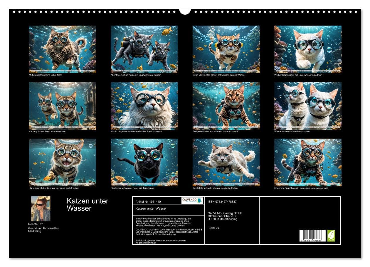 Katzen unter Wasser (Wandkalender 2026 DIN A2 quer), CALVENDO Monatskalender: Amüsante Bilder tauchender Samtpfoten verschiedener Rassen in einer traumhaften Unterwasserwelt (CALVENDO Tiere)