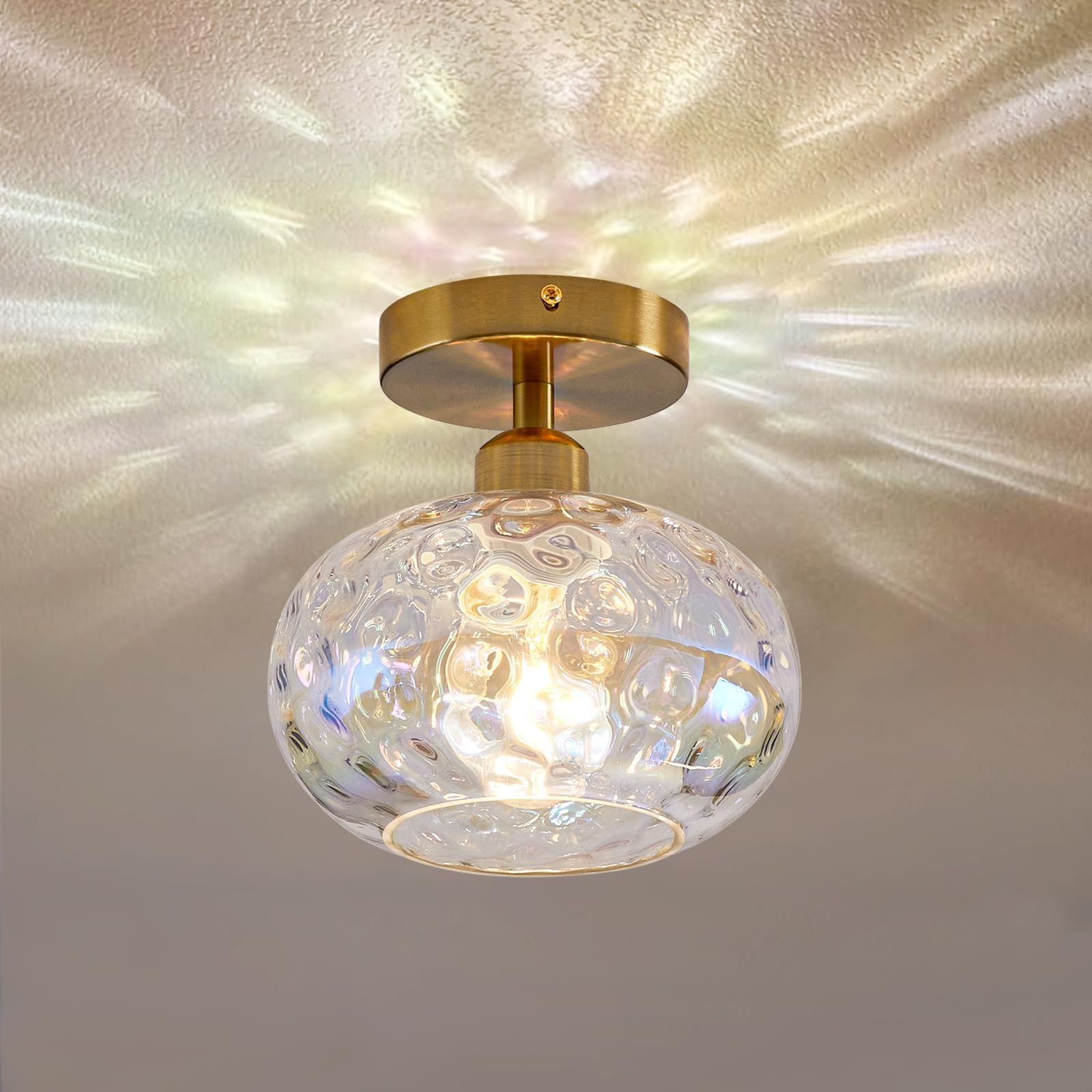 Luafac Vintage Glass Flush Mount Ceiling Light - 7.9 Inch Iridescent Hammered Glass Hallway Light fixtures Ceiling, Gold Semi Flush Mount Ceiling Light for entryway Foyer Laundry Room Kitchen