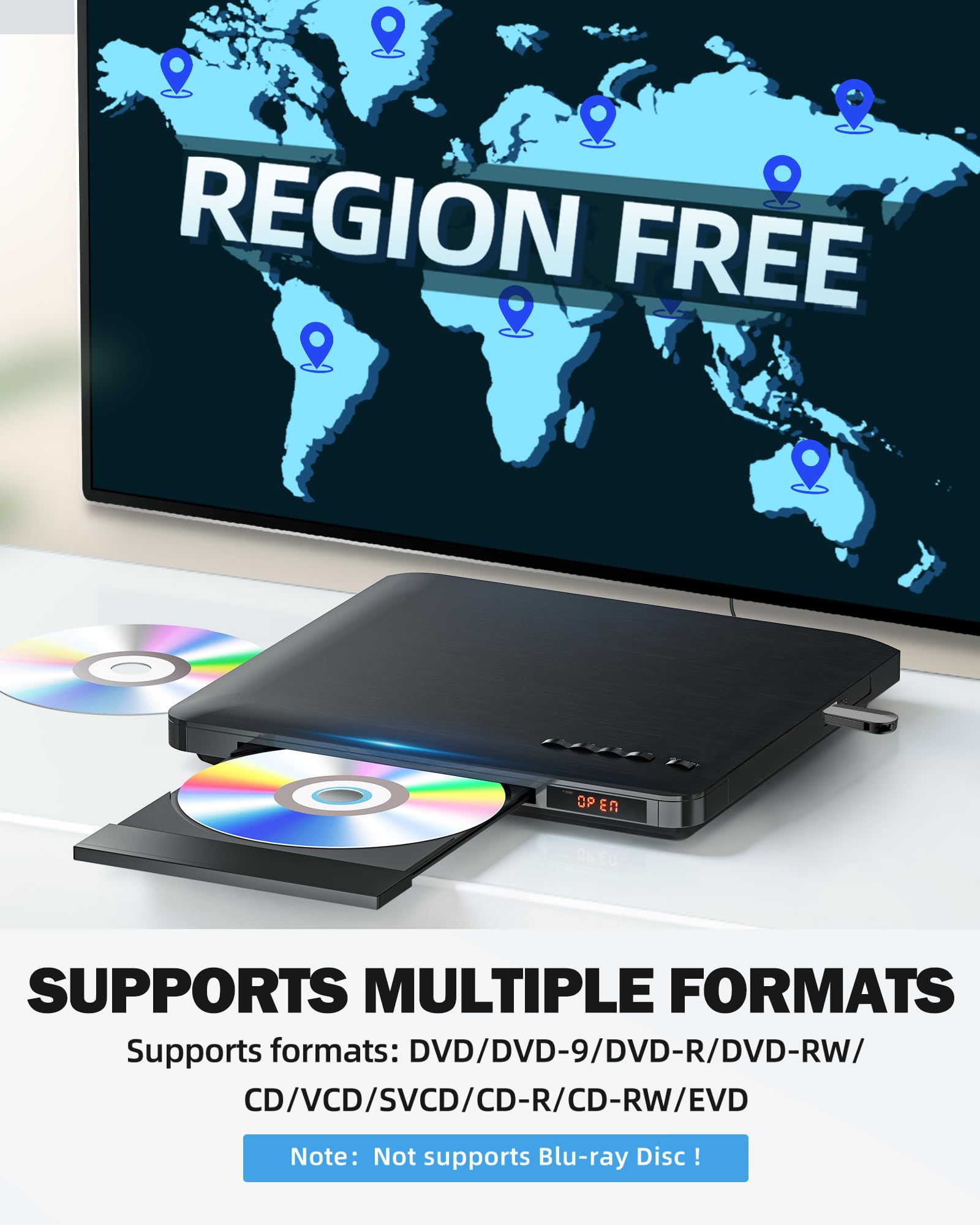 Reproductores de DVD para TV con HDMI, Reproductores de DVD de Todas Las regiones Libres con Sistema NTSC/PAL, Reproductor de CD para Sistema estéreo doméstico, Cables HDMI/RCA incluidos