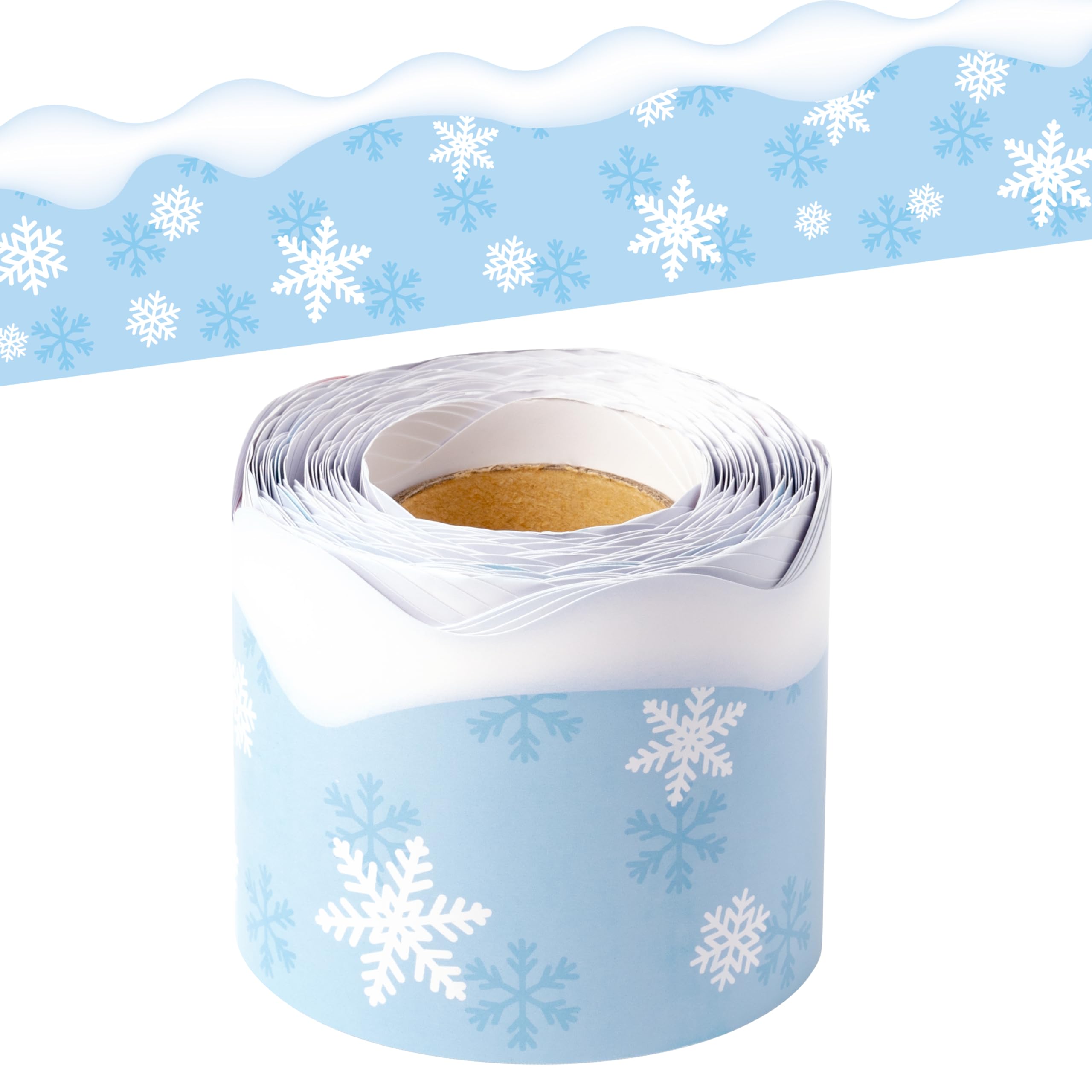 BeYumi Winter Snowflake Border Trim - 65ft Winter Snowflake Scalloped Rolled Border Trim Light Blue Christmas Bulletin Board Borders School Classroom Office Chalkboard Decor Party Decoration