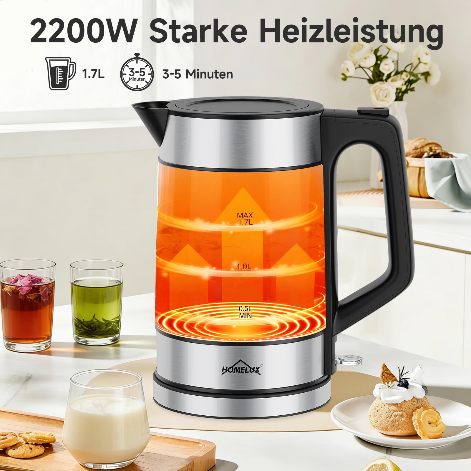 Hervidor de cristal 1.7 con ajuste de temperatura, 2200 W Kettle transparente, con base de 360 °, iluminación LED, apagado automático de la corriente y apertura de la tapa, protección contra la