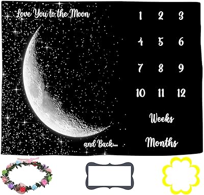 LYLYCTY Baby Monthly Milestone Blanket, Space Black Glitter Star Moon Newborn Baby Age Blanket, 60x40 Inch Baby Swaddle Reception Blanket Growth Chart Blanket BTLSLY148