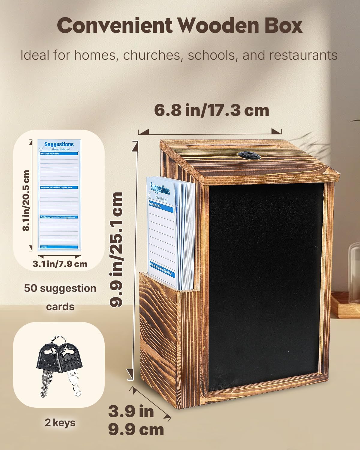 Uniclife Wood Suggestion Box, Wooden Donation Boxes for Fundraising, Prayer Boxes with Chalkboard and 50 Suggestion Cards, Ballot Boxes Tip Drop Box for Wedding Church & Classroom 6.8" x 3.9" x 9.9"