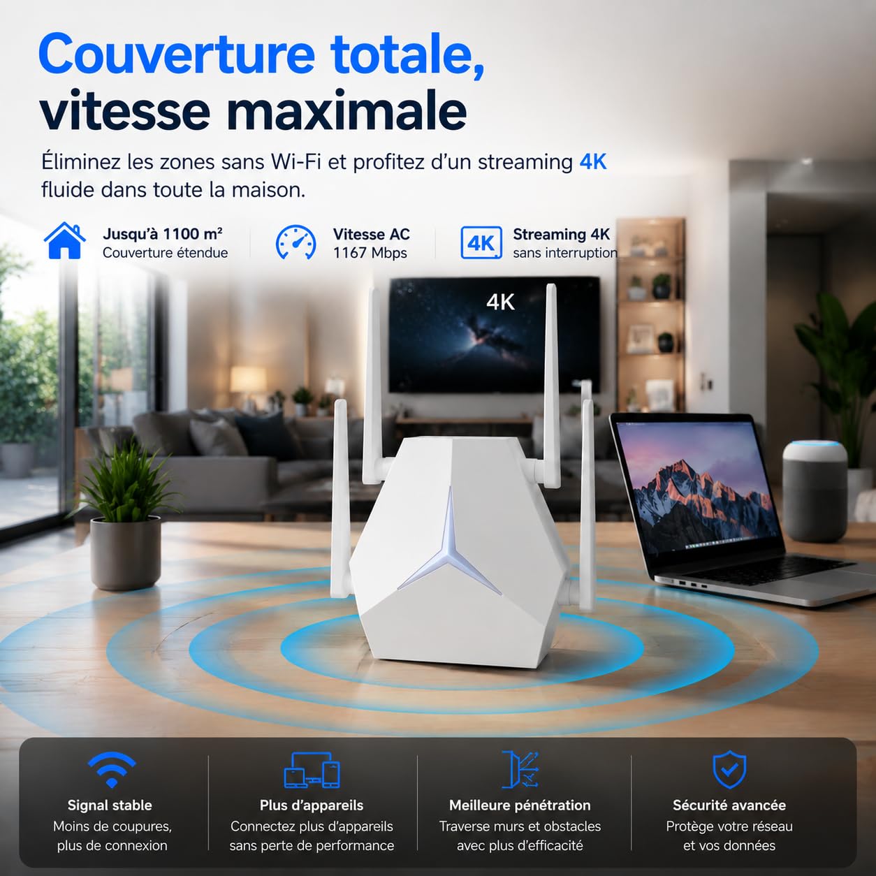 Répéteur WiFi 1167 Mbps Double Bande, Amplificateur de Signal WiFi Longue Portée 3 en 1 Répéteur/AP/Routeur, 2 Ports Ethernet, Indicateur LED et Alimentation Type-C